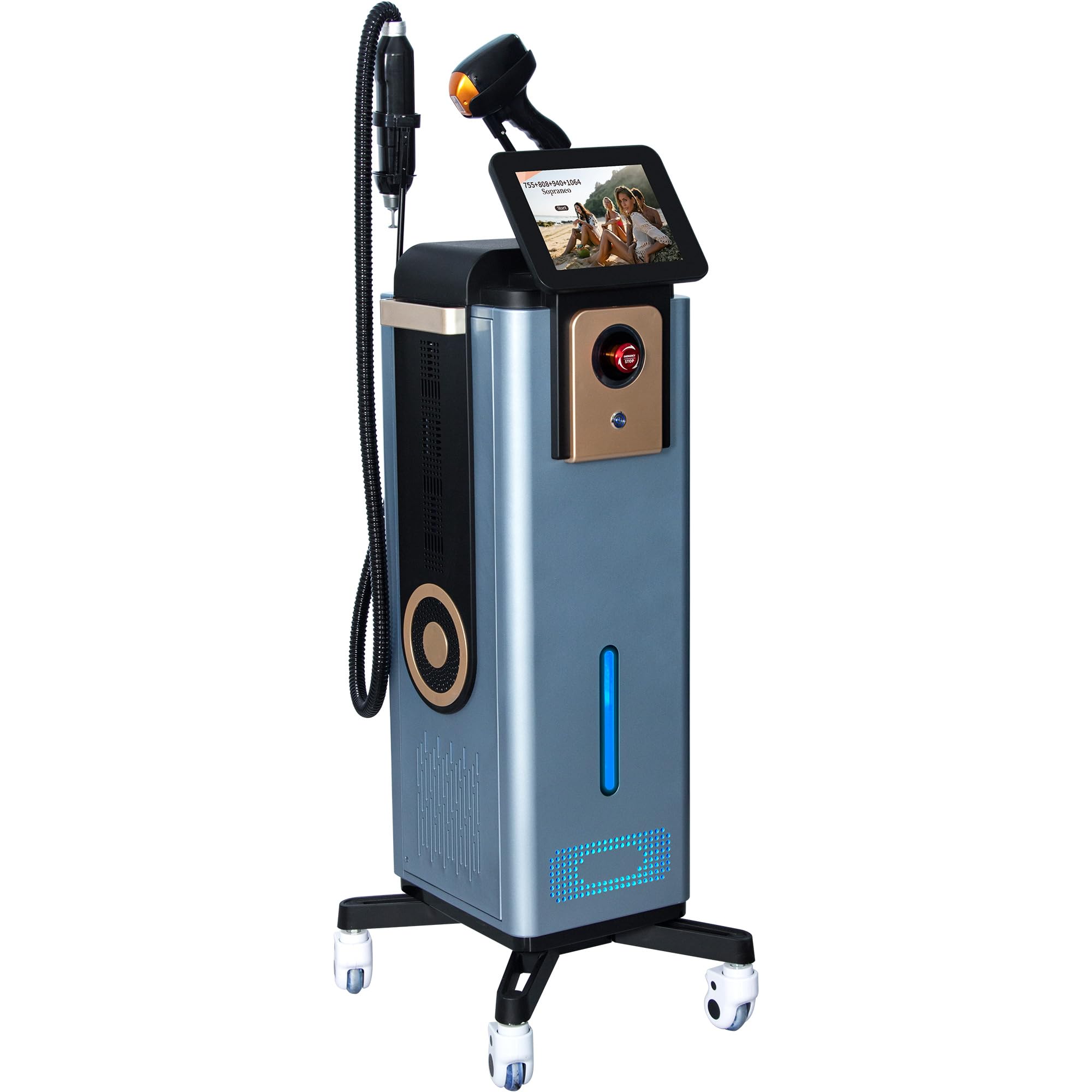 Dispositivo Epilatore Laser Verticale 2 in 1 Diodo FAC + Picosecondo, 4 Lunghezze d’Onda Raffreddamento Zaffiro, Schermo Touch, Base Rotante per Centri Estetici Professionali