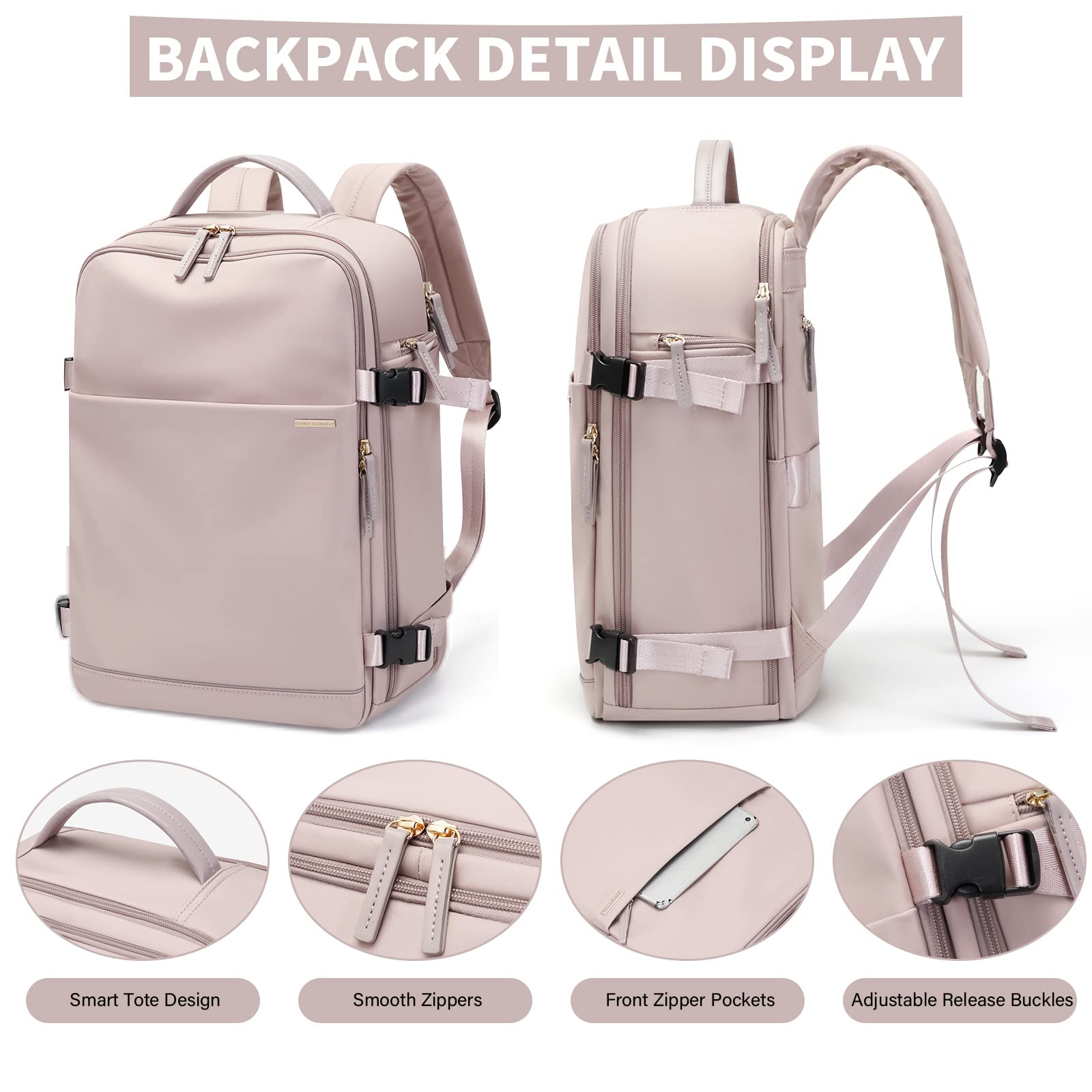 GOLF SUPAGS Zaino per laptop da donna, adatto per notebook da 15,6 pollici, borsa per computer di grande capacità per zaini da lavoro, viaggi, università (Rosa)