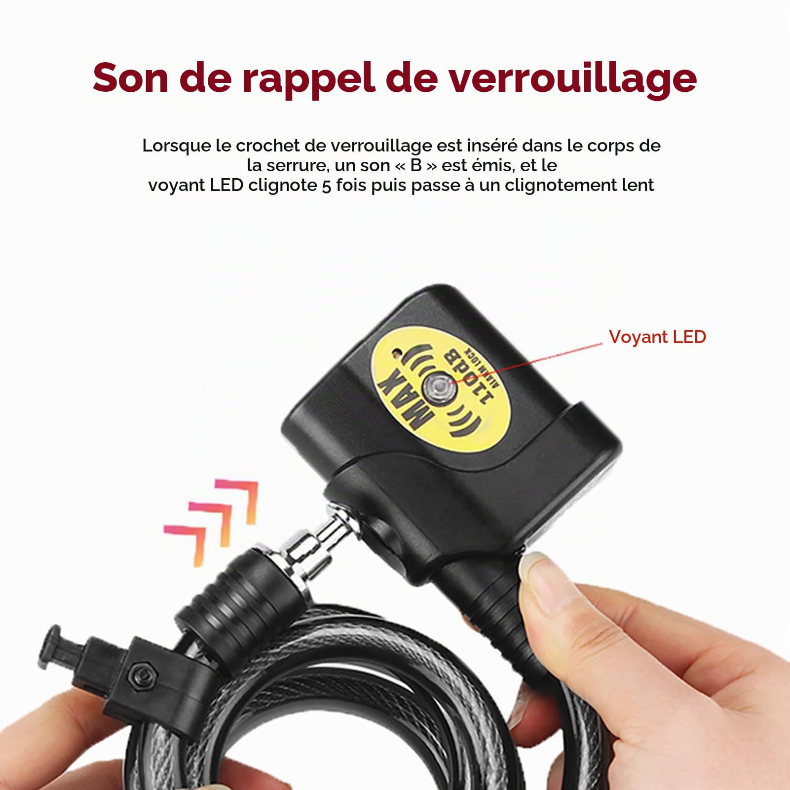 Antivol Vélo 1,2m Câble Alarme 110dB Serrure Chaîne Sécurité Renforcée pour Bicyclettes et Scooters Verrouillage Double