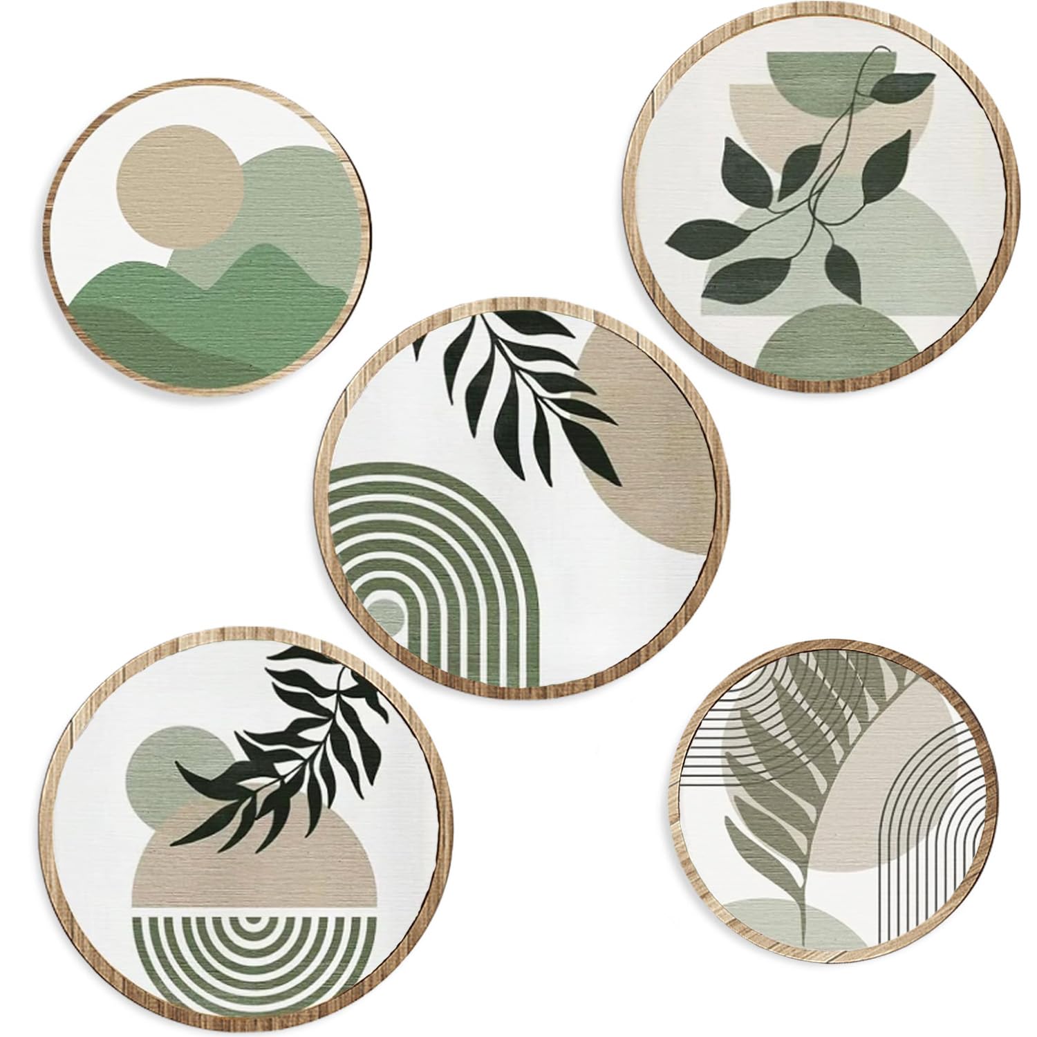 Exquilnova 5PCS Bohemian Wooden Wall Art,Round Boho Wall Decor,Minimalist Boho Decor for Farmhouse,Bedroom,Living Room,Office,Hotels,Coffee Shops,Galleries(Green,5PCS)