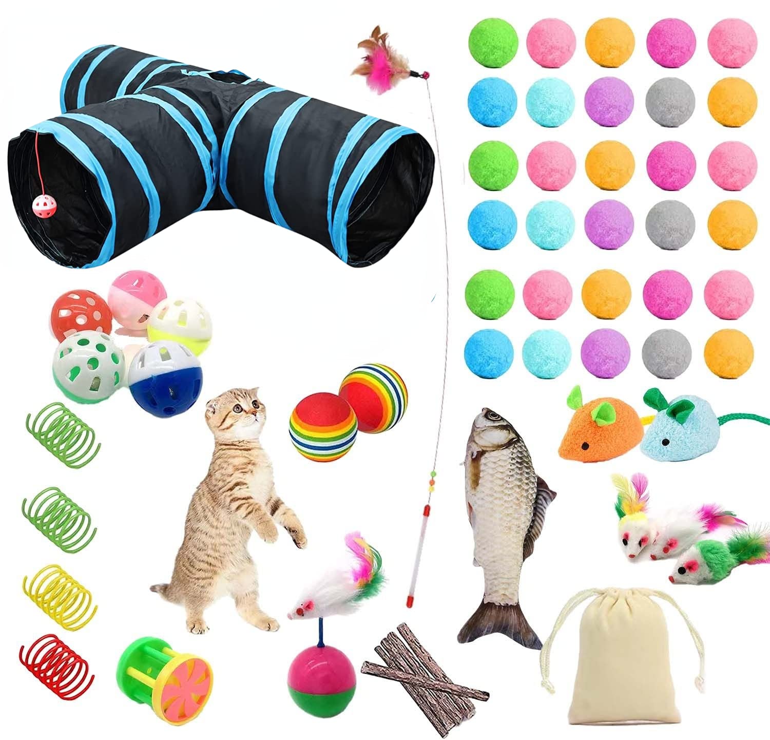 MLEPXBO 57 Pcs Cat Toys for Indoor Cats Kitten，Cat Tunnel Interactive Feather Teaser Wand Ball Toy for Kitten Cats，Cat Toys for Indoor Cats Adult (T shape Cat Tunnels) — image 1