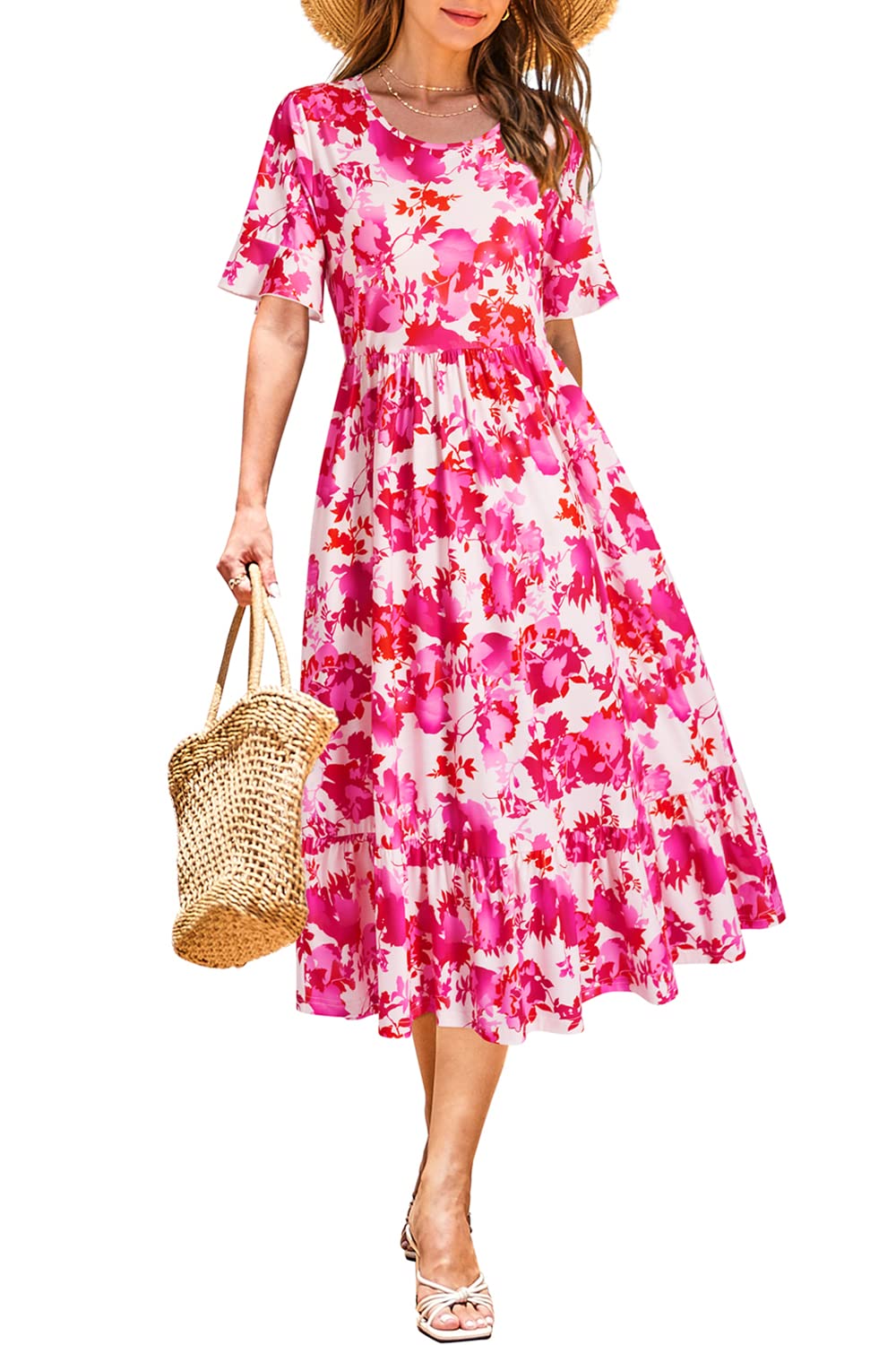 STYLEWORD Robe ete Femme Col Rond Robes sans Manches Couleur Unie Midi Robe D'été