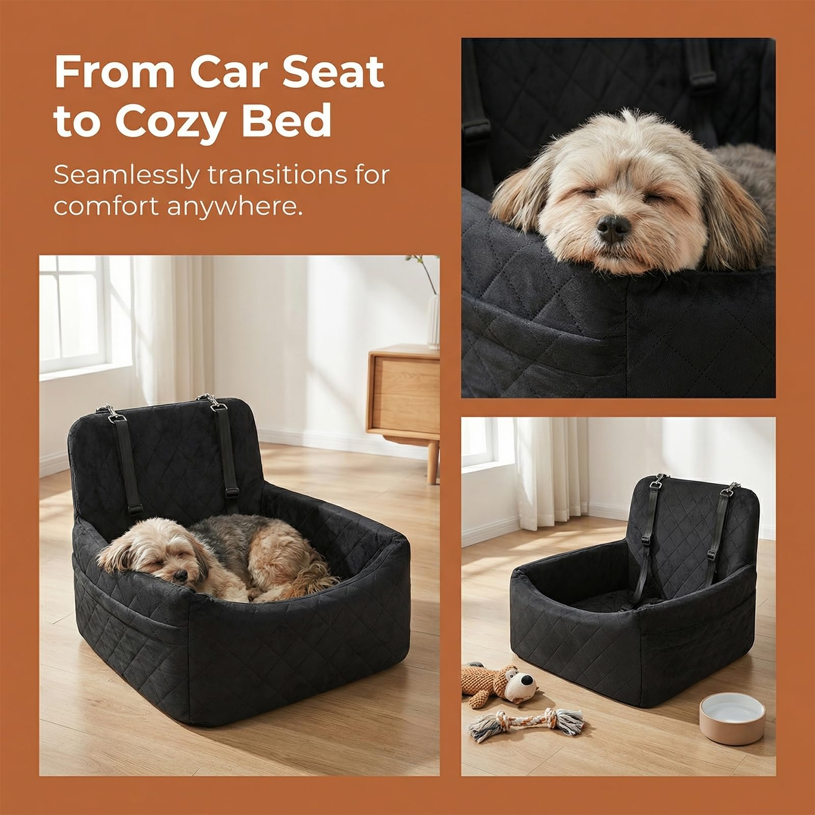 Asiento de coche para perros pequeños y medianos de menos de 15 kg, asiento para perros extraíble y lavable, con 2 cinturones de seguridad, asiento elevador para perros (negro)