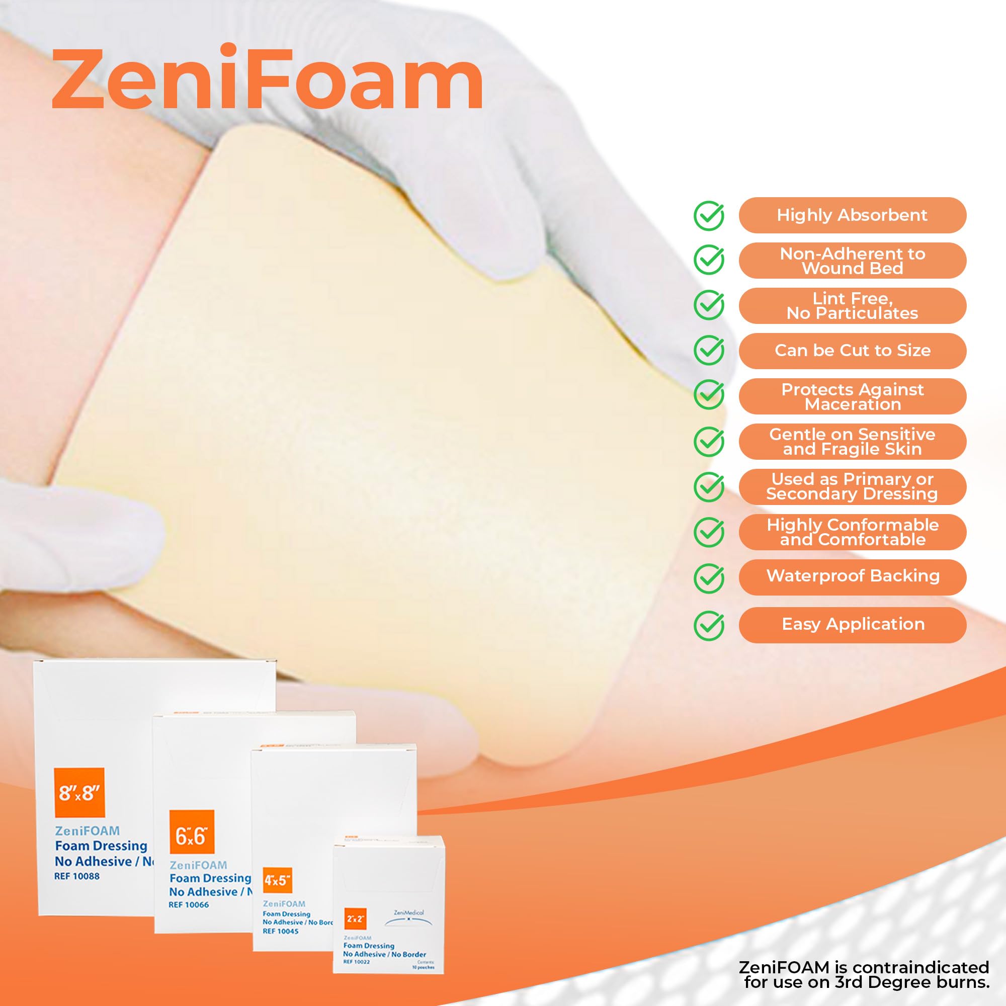 ZeniFOAM Pansement en mousse de polyuréthane 10,2 x 12,7 cm – Sans bordure, sans adhésif, stérile, très absorbant pour le drainage des plaies lourdes, tampon anti-adhésif et non pelucheux, sans latex,