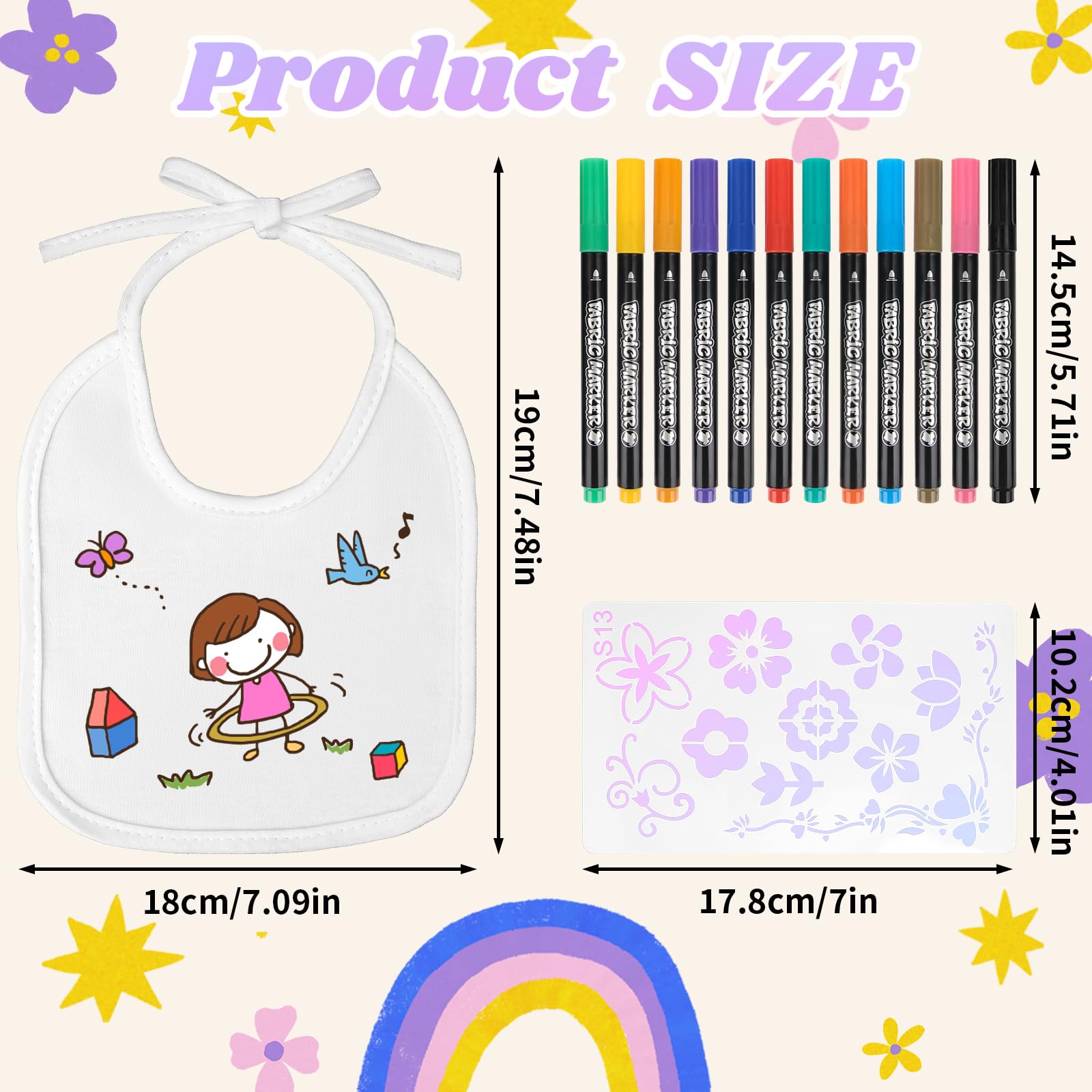 16 baberos para pintar, baberos blancos con 16 plantillas y 12 lápices textiles, impermeables, 100% algodón, pañuelo para el cuello para baby shower, juegos para niños y niñas