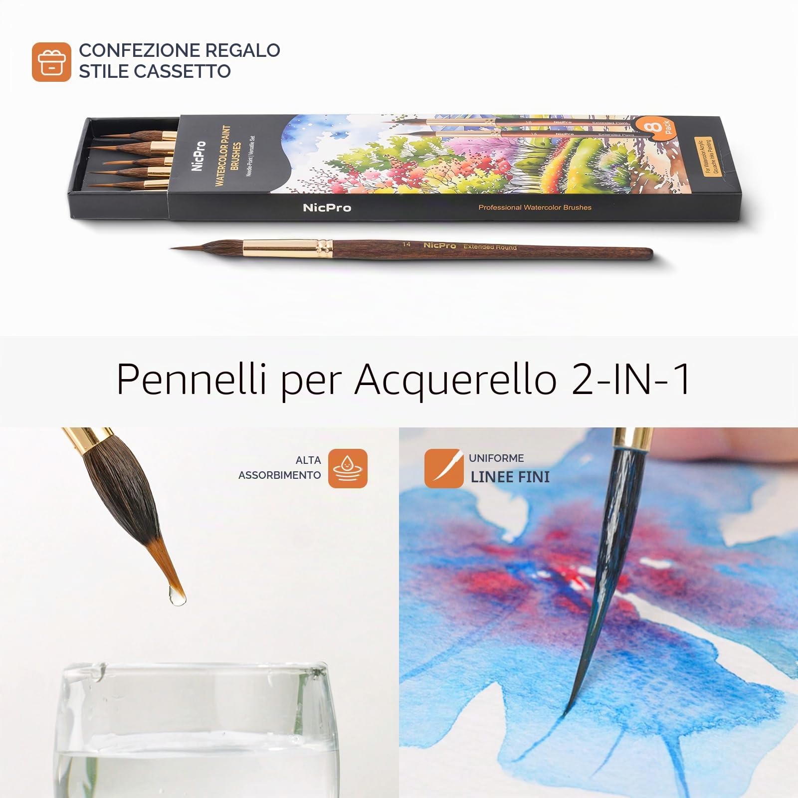 Nicpro 8 pennelli acquerello professionali, pennelli per dipingere, set pennelli pittura in martora con punta sintetica extra lunga per dettagli fini- Pittura con acquerello acrilico guazzo inchiostro