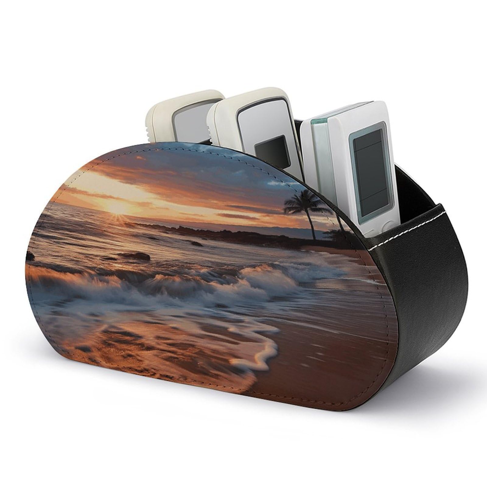 Beach Maui Hawaii Sunset Sea Waves Clouds Remote Control Holders PU Leather Remote Caddy Desktop Organizer with 5 Compartments TV Remote Holder Box Tray for Bedside Table Office Desk Accessories&Gift