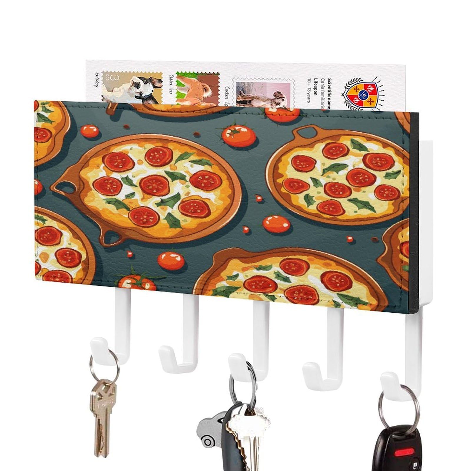 FekiLoot Pizza Food Key Holder for Wall Decorative Mail Organizer with 5 Key Hook Self Adhesive Key Rack with Tray Coat Rack Wall Mount Key Hanger Decor for Entryway Door