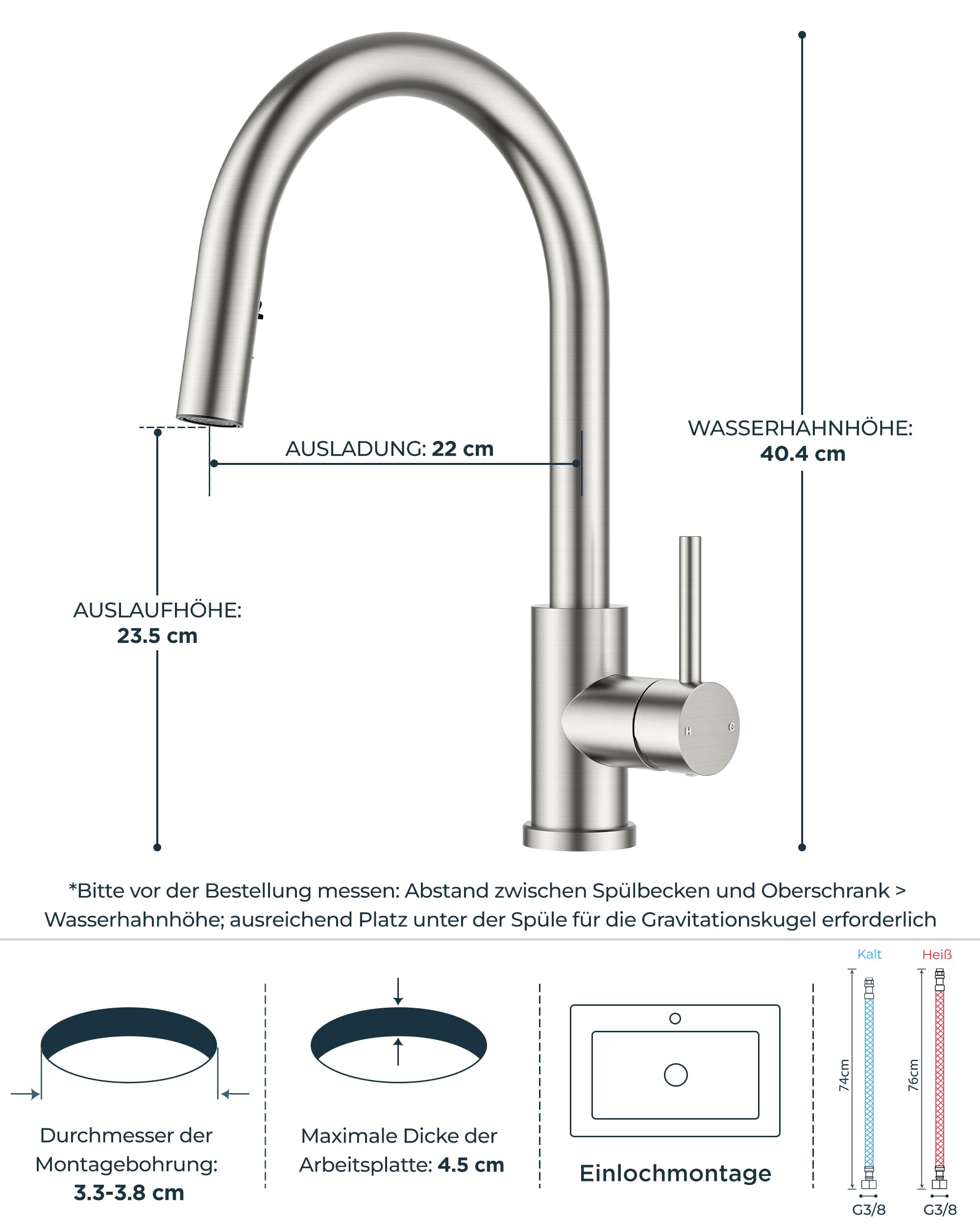 FORIOUS Wasserhahn Küche, Mischbatterie Küche mit Ausziehbar, Hochgebogene Küchenarmatur mit 2 Sprüharten, 360° Schwenkbar, Edelstahl