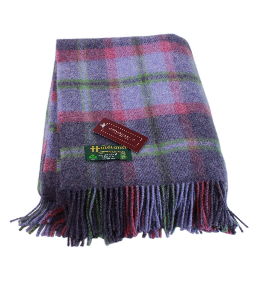 Irish 100% Wool Throw & Toss Blanket, Made in Ireland, Heirloom Quality, 54" x 72", Purple/Pink/Green Plaid Tartan