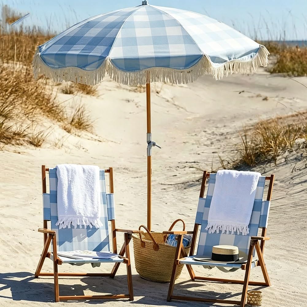 200 cm Parasol Plażowy Boho z Frędzlami, Parasol Przeciwsłoneczny z Pochylanym Drewnianym Drążkiem do Ogrodu, na Podwórko, na Basen