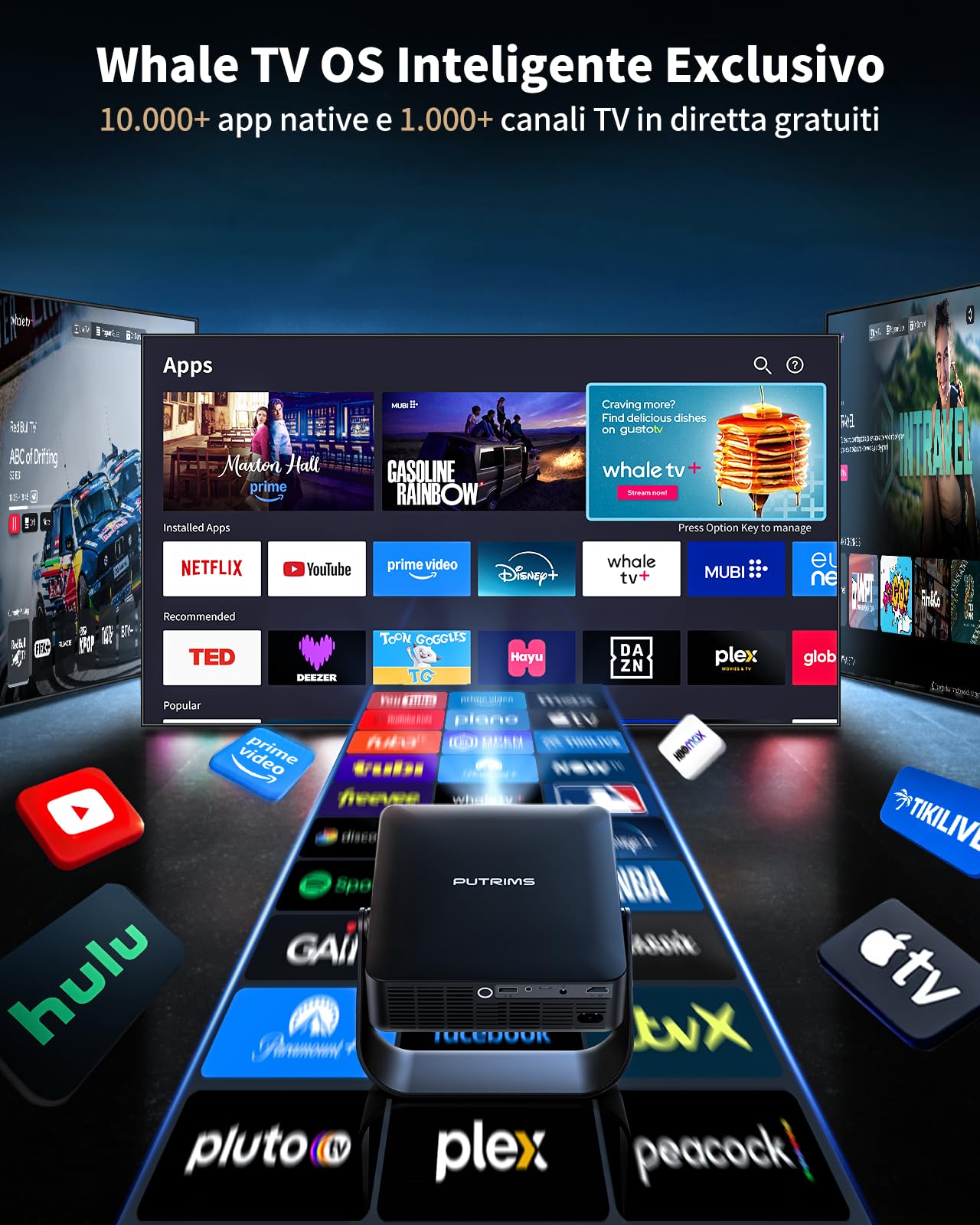 Proiettore Portatile【Smart TV & 1000+ Canali Live】Mini Proiettore 4K Smart TV Compatibile con Netflix, Rotazione 330°, Auto Focus WiFi Bluetooth, 1080P Nativo, Videoproiettore soffitto casa/campeggio