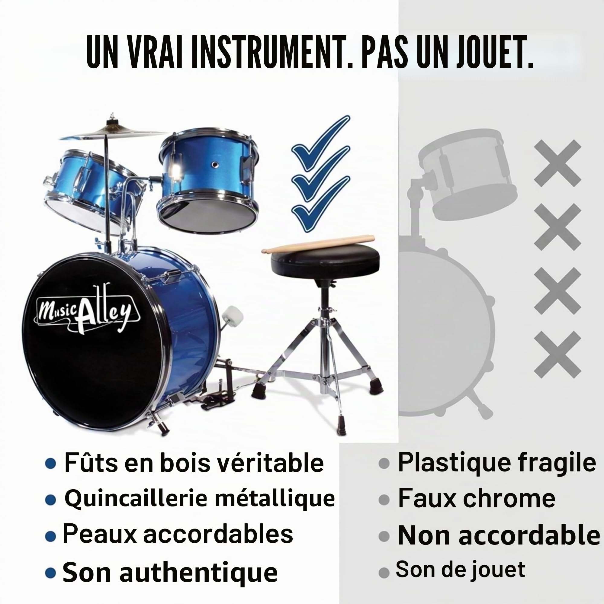 Music Alley Batterie Enfant 3 Pièces avec Tabouret et Cymbale, Bleu | Kit batterie musique junior avec grosse caisse, caisse claire, tom, cymbale, pédale et baguettes pour enfants débutants