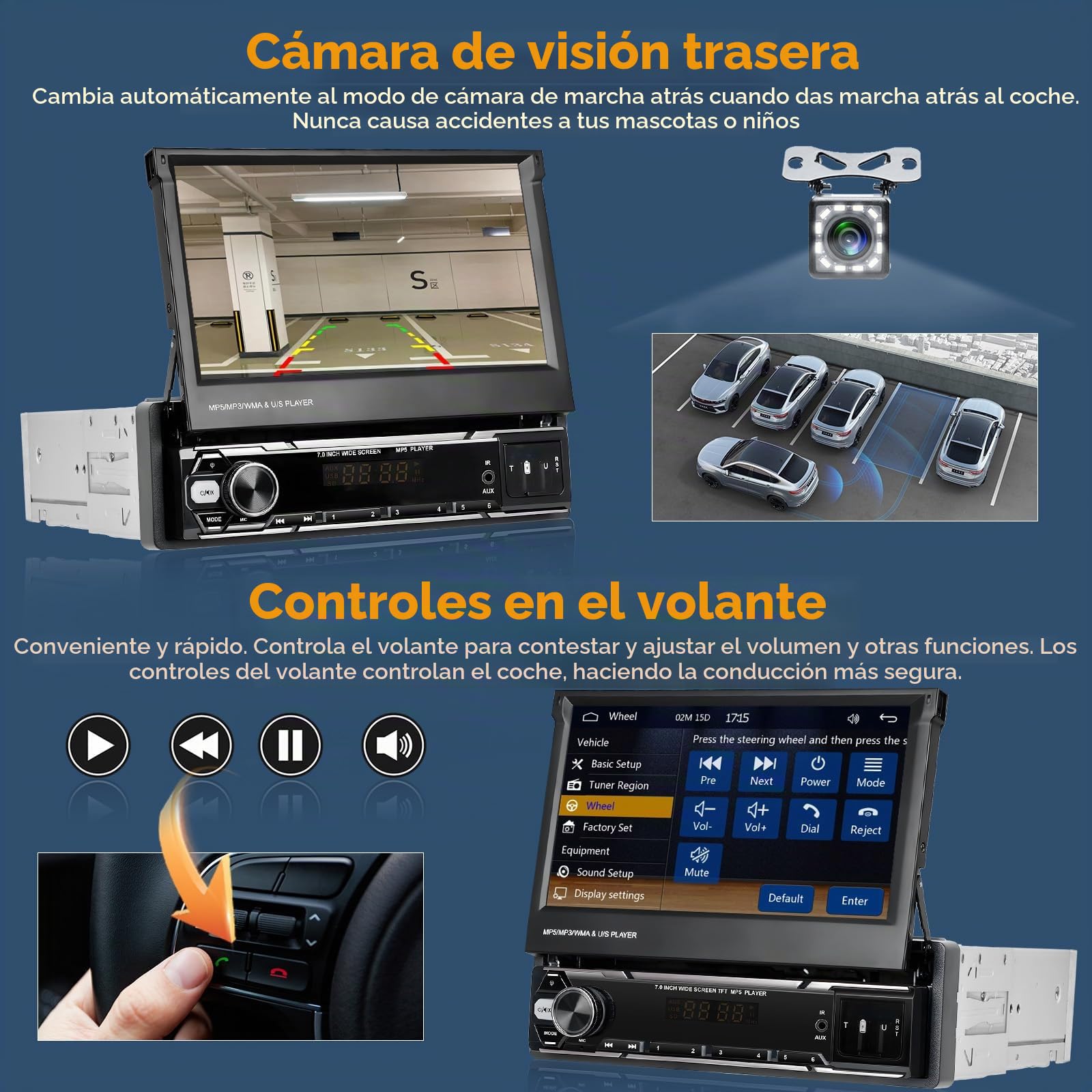 Hikity Radio de Coche 1 DIN con Pantalla Retráctil de 7 Pulgadas Inalámbrica Carplay Pantalla Radio 1 DIN con Bluetooth Android Auto EQ FM AUX USB Mirror Link Cámara de Visión Trasera
