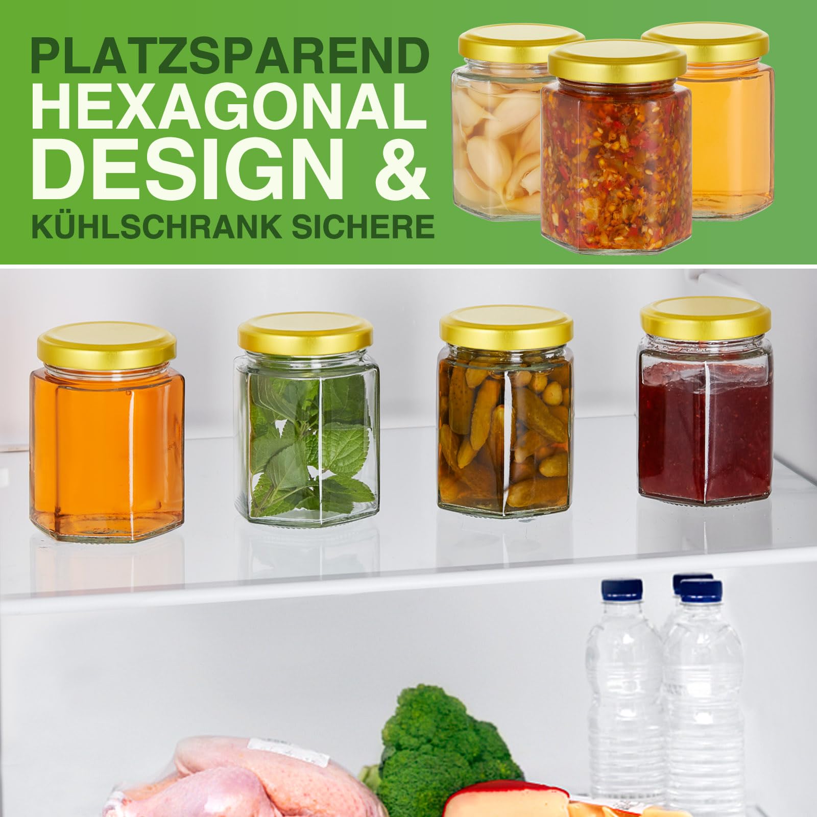 Artist Hand Juego de 72 tarros de cristal de 280 ml con tapa de rosca dorada, tarros hexagonales para mermelada, miel, jalea, chutney, pesto y especias