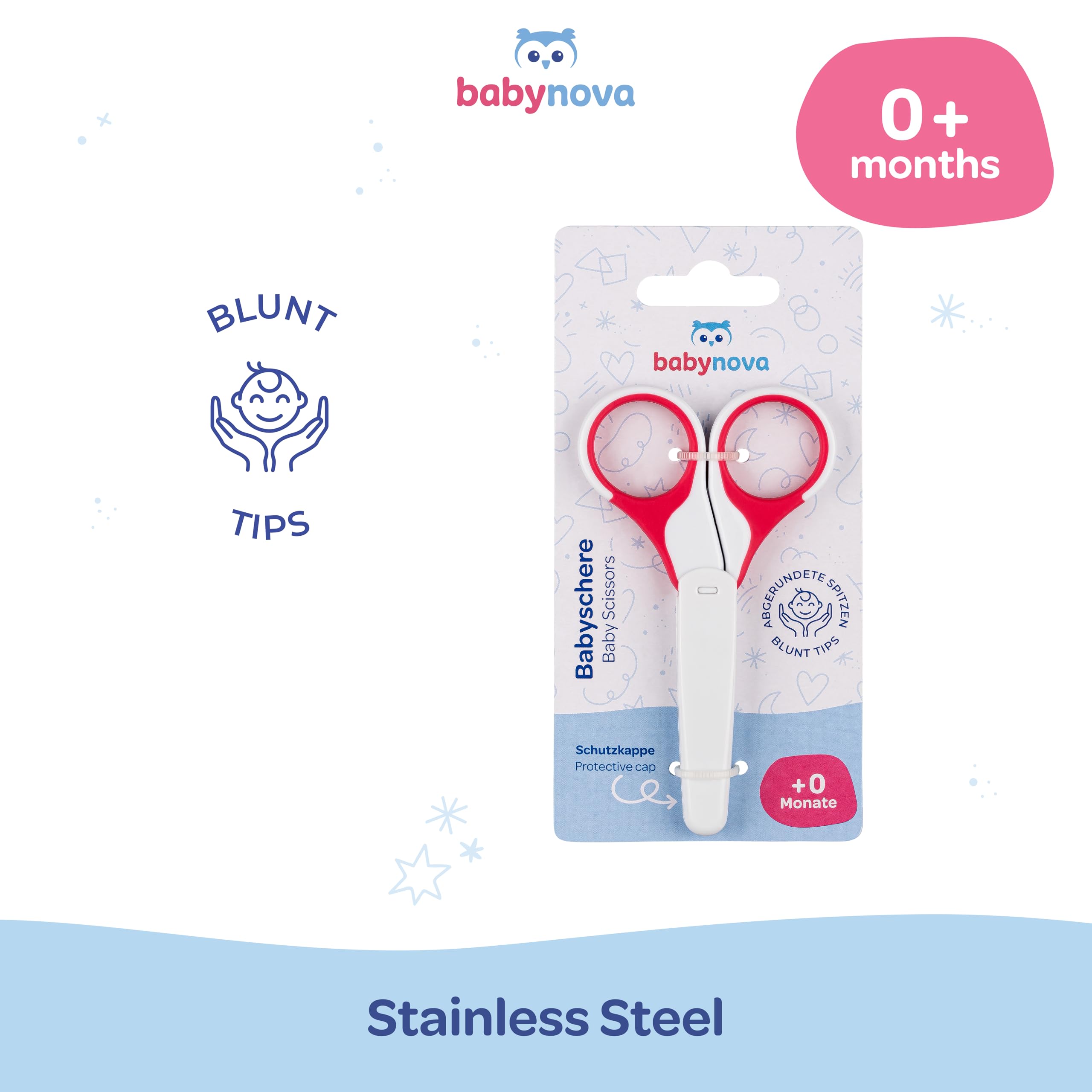 babynova Ciseaux Bébé avec Capuchon de Protection – Ciseaux à Ongles en Acier Inoxydable avec Pointes Arrondies pour une Coupe Sûre des Ongles de Bébé – Poignées Antidérapantes – Sans BPA – Rose