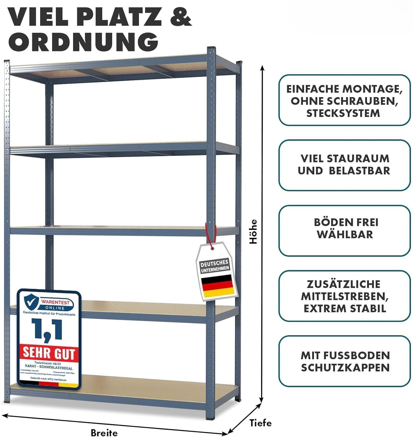 Floordirekt Schwerlastregal - Steckregal, Kellerregal, Lagerregal, Werkbank - Traglast bis 1250 kg - Schnelle Montage (Anthrazit-Grau, 180 x 90 x 45 cm)