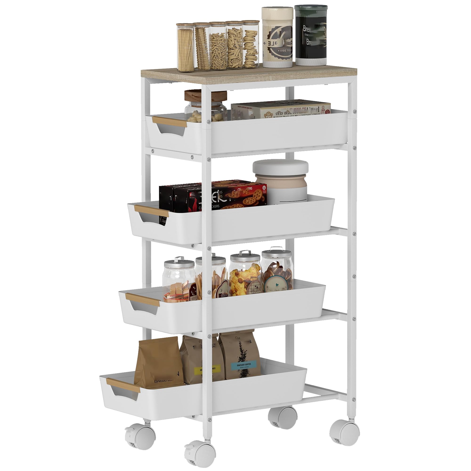 HOMCOM Carrello Cucina 5 Livelli 4 Cassetti 39.5x24x82 cm Bianco e Rovere | Estraibili, 4 Rotelle, Carrello Portavivande Salvaspazio, Metallo PP e Legno