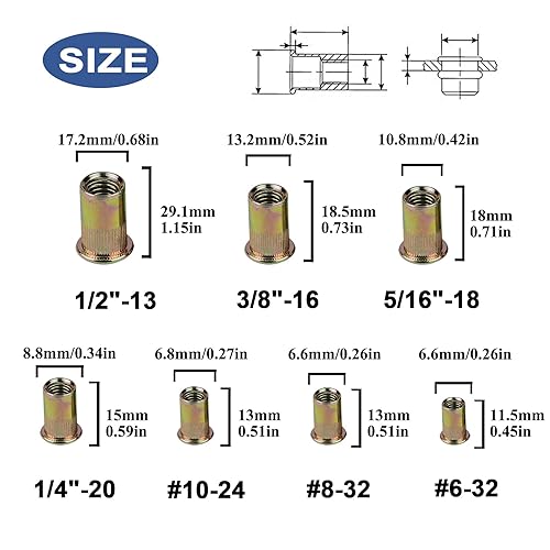 Miniatura 3 de TR TOOLROCK Kit de 500 tuercas remachadoras, SAE UNC Surtido de tuercas remachadoras 6#-32, 8#-32, 10#-24, 14"-20, 516"-18, 38"-16, 12"-13, acabado