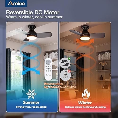 Miniatura 5 de Amico Ventiladores de techo con luces, perfil bajo, control remoto, montaje empotrado, reversible, 3CCT, regulable, silencioso, para dormitorio, uso