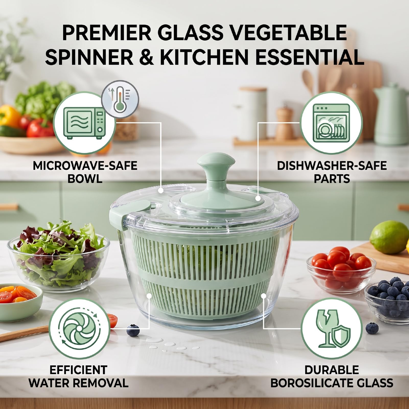 Ensaladera de Vidrio con Cuenco de Borosilicate, Escurridor de