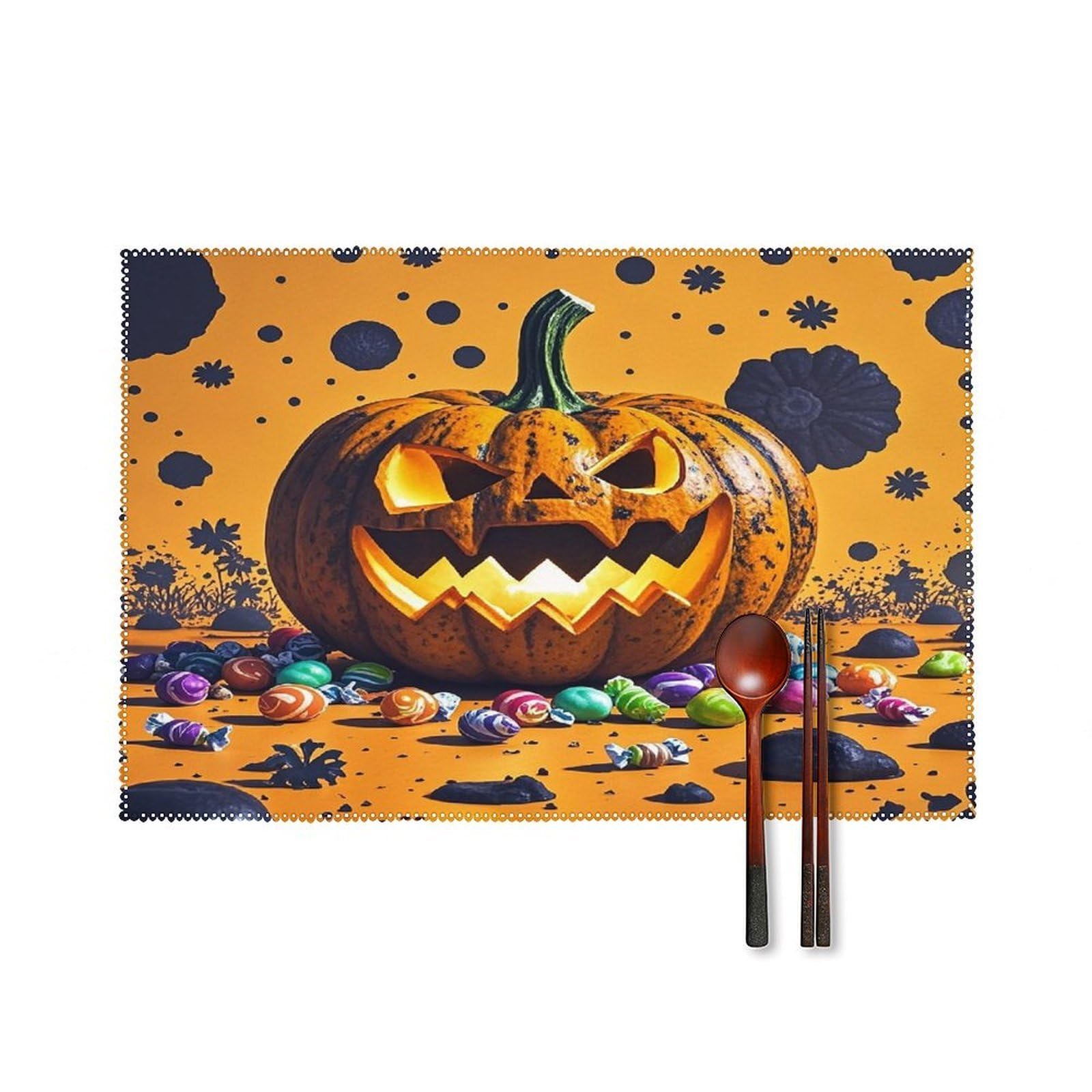 Halloween Pumpkin Monster Placemats Set of 6 Heat-Resistant Washable Place Mats Wipeable Kitchen Placemat Easy to Clean for Indoor Outdoor Party Kitchen Decoration