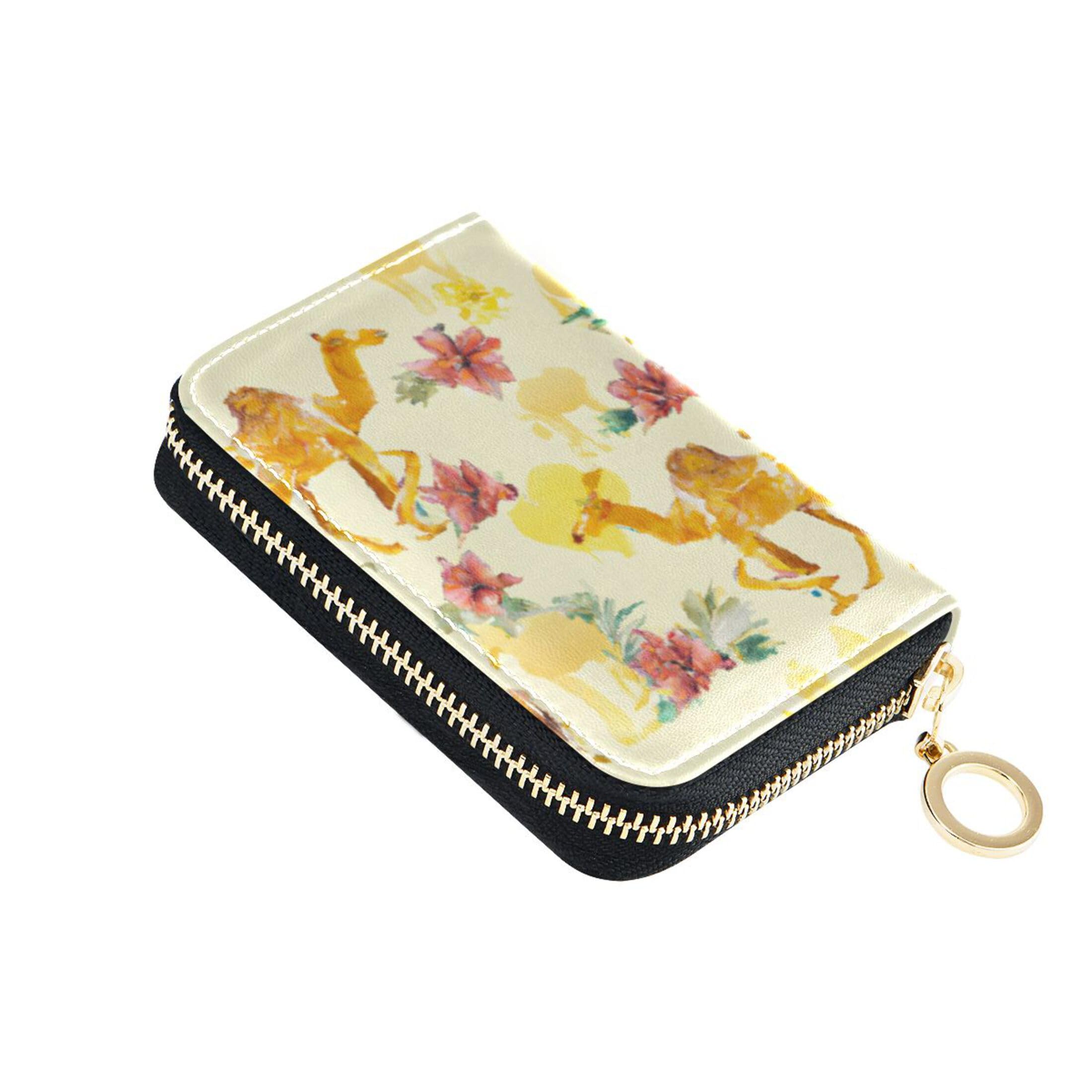 Burbuja Hibiscus Camels Drawing Credit Card Holder for Women Men RFID Blocking, Leather Accordion Zipper Card Case Wallet 11 Slots
