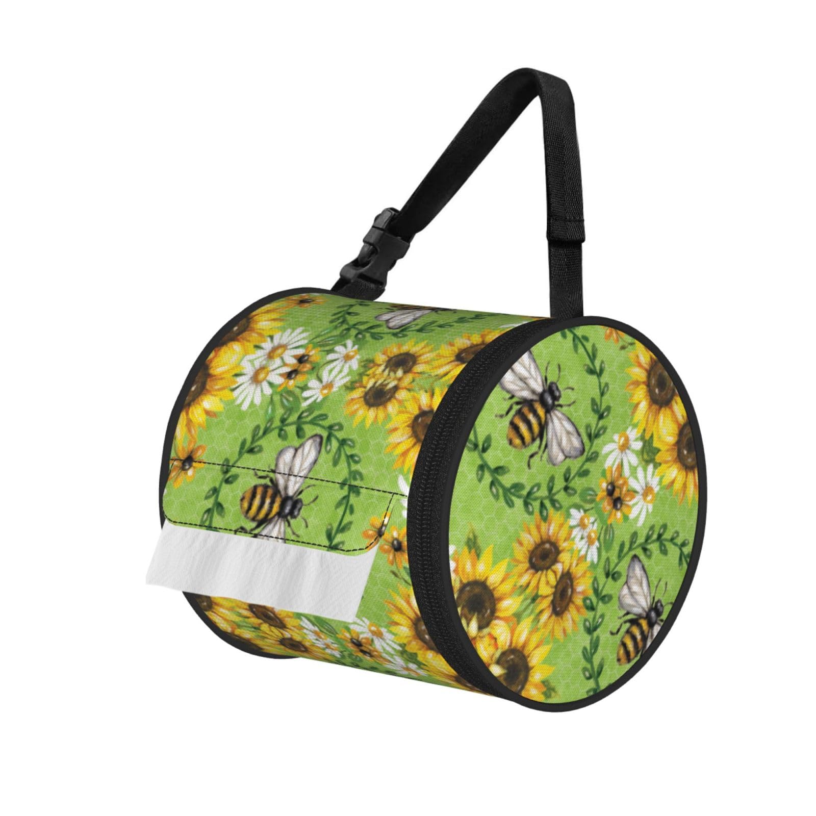 Bee & Sunflowers Print Hanging Toilet Paper Holder Camping Paper Towel Holder Portable Car Roll Paper Storage Bag With Adjustable Strap Suitable For Bathroom,Kitchen
