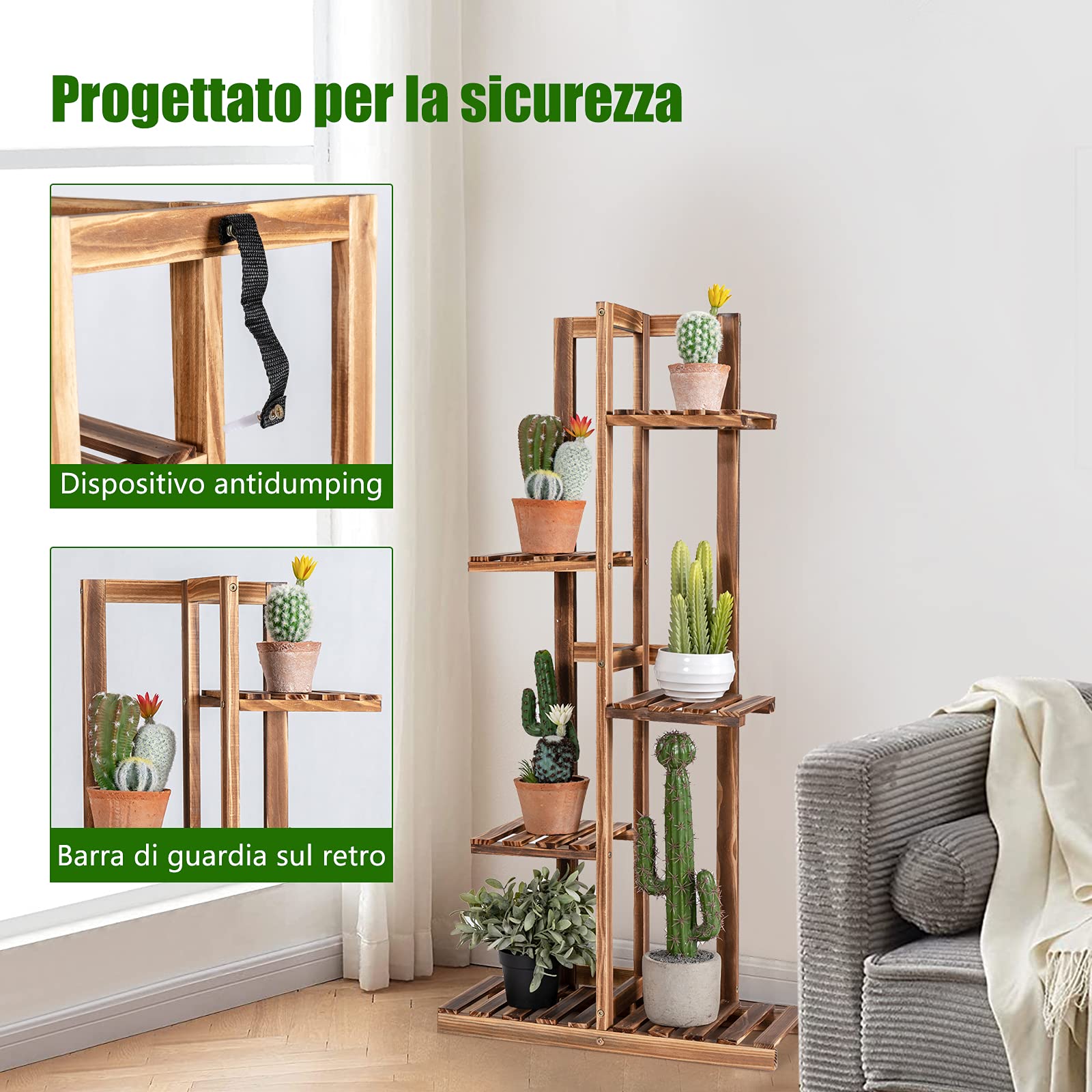 COSTWAY Scaffale per Piante da Interno ed Esterno, Porta Fiori di Legno a 5/6 Livelli, Porta Vasi per Giardino, Balcone e Soggiorno (5 livelli)