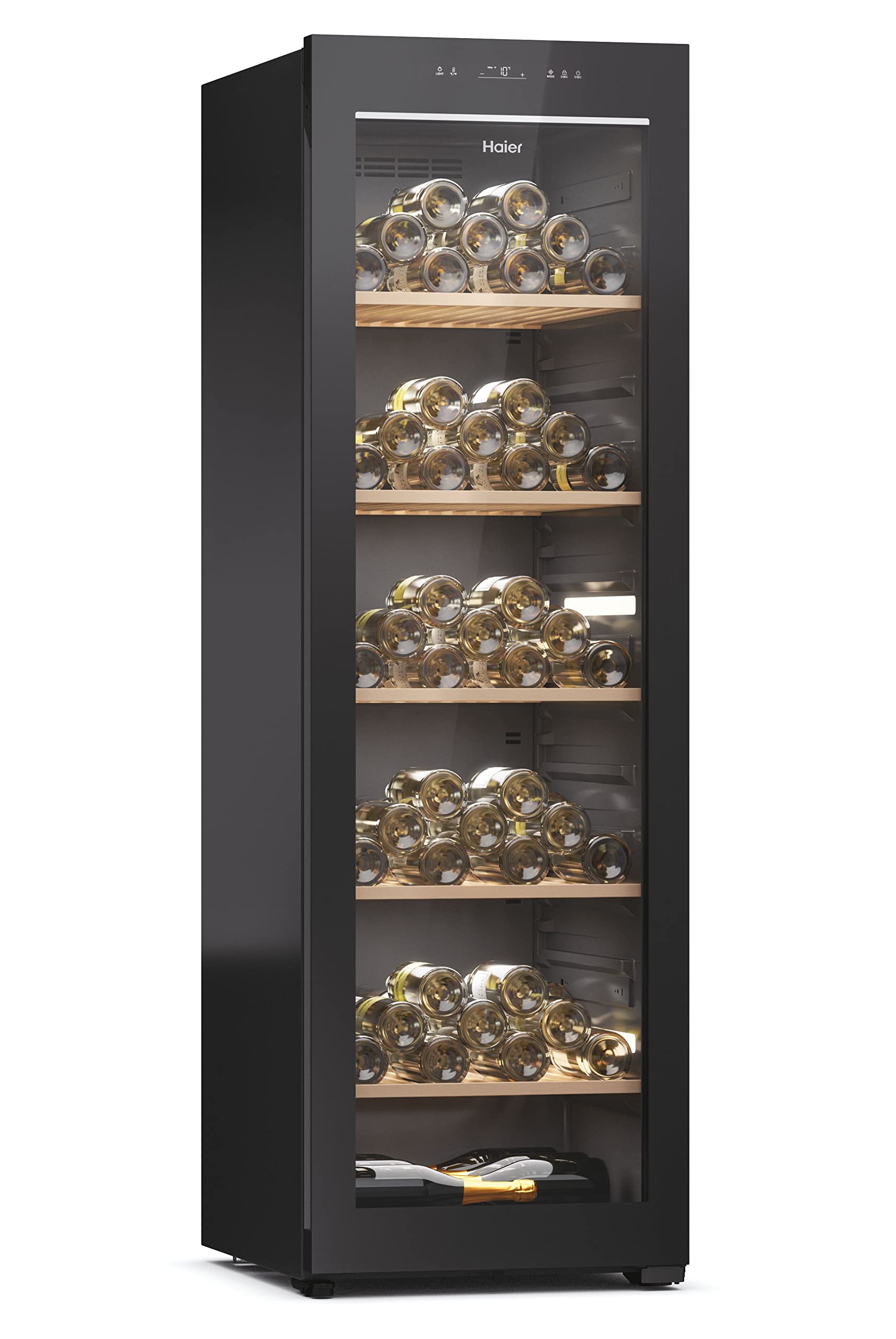Haier Wine Bank 60 Series 5 HWS247GEH1 - Vinoteca 247 botellas, WIFI, Estantes de madera, Filtro Anti-UV, Filtro de carbón, Refrigeración por Compresor, Display Digital, Iluminación LED, 35 dbA, Negra