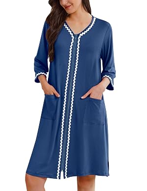 Ekouaer Zipper Robes for Women 3 4 Sleeves Lightweight House Coat Zip Up Bathrobe Soft Nightgown with Pockets