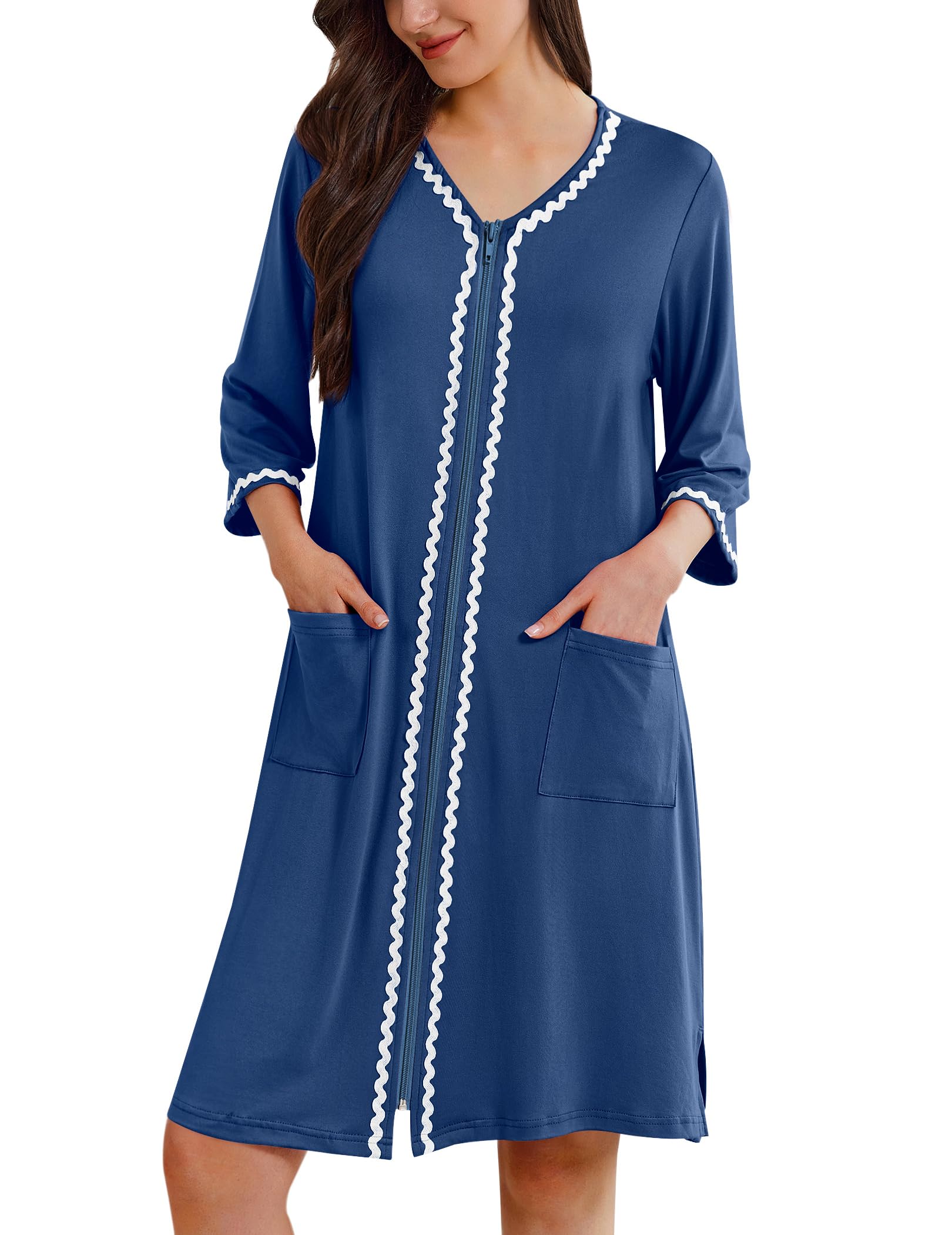 Ekouaer Zipper Robes for Women 3 4 Sleeves Lightweight House Coat Zip Up Bathrobe Soft Nightgown with Pockets