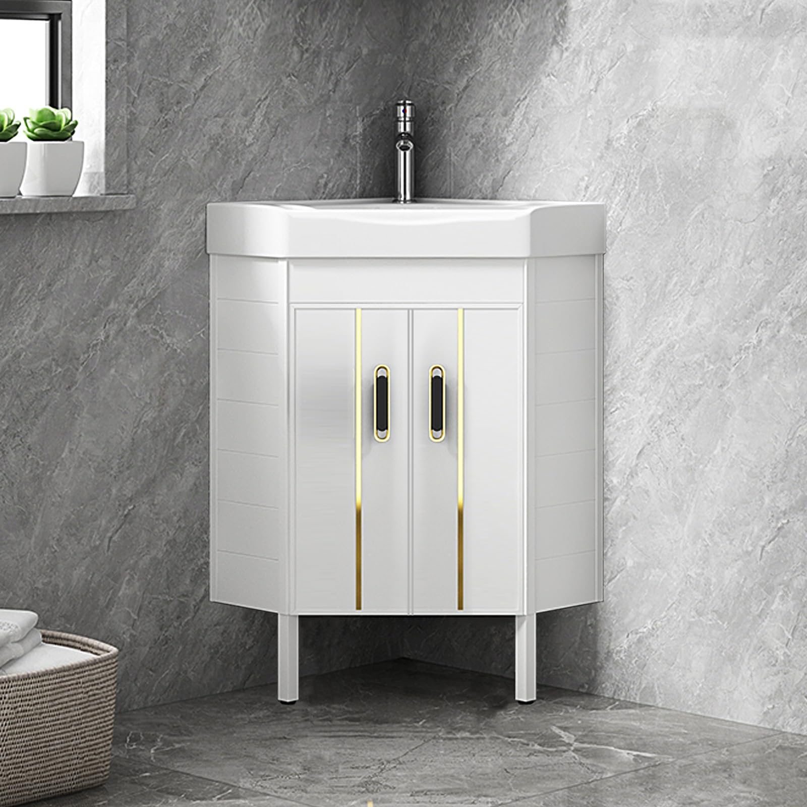 DFGHNBVC Compact Corner Vanity Sink, Space-Saving Floor Mounted Design With Ceramic Basin, Ideal For Tight Spaces In Bathrooms And Laundry Areas,White-48Cm/19In