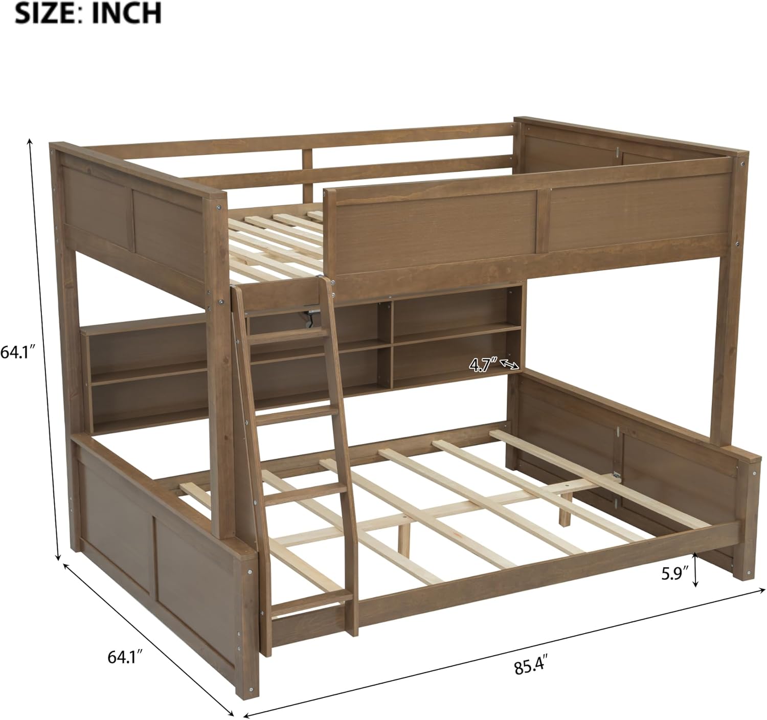 Merax Wooden Bunk Beds Full XL Over Queen for Teens Adults, Farmhouse Full XL Over Queen Low Bunk Bed with Storage Shelves and Charging Station and Inclined Ladder for Dormitory, Wood