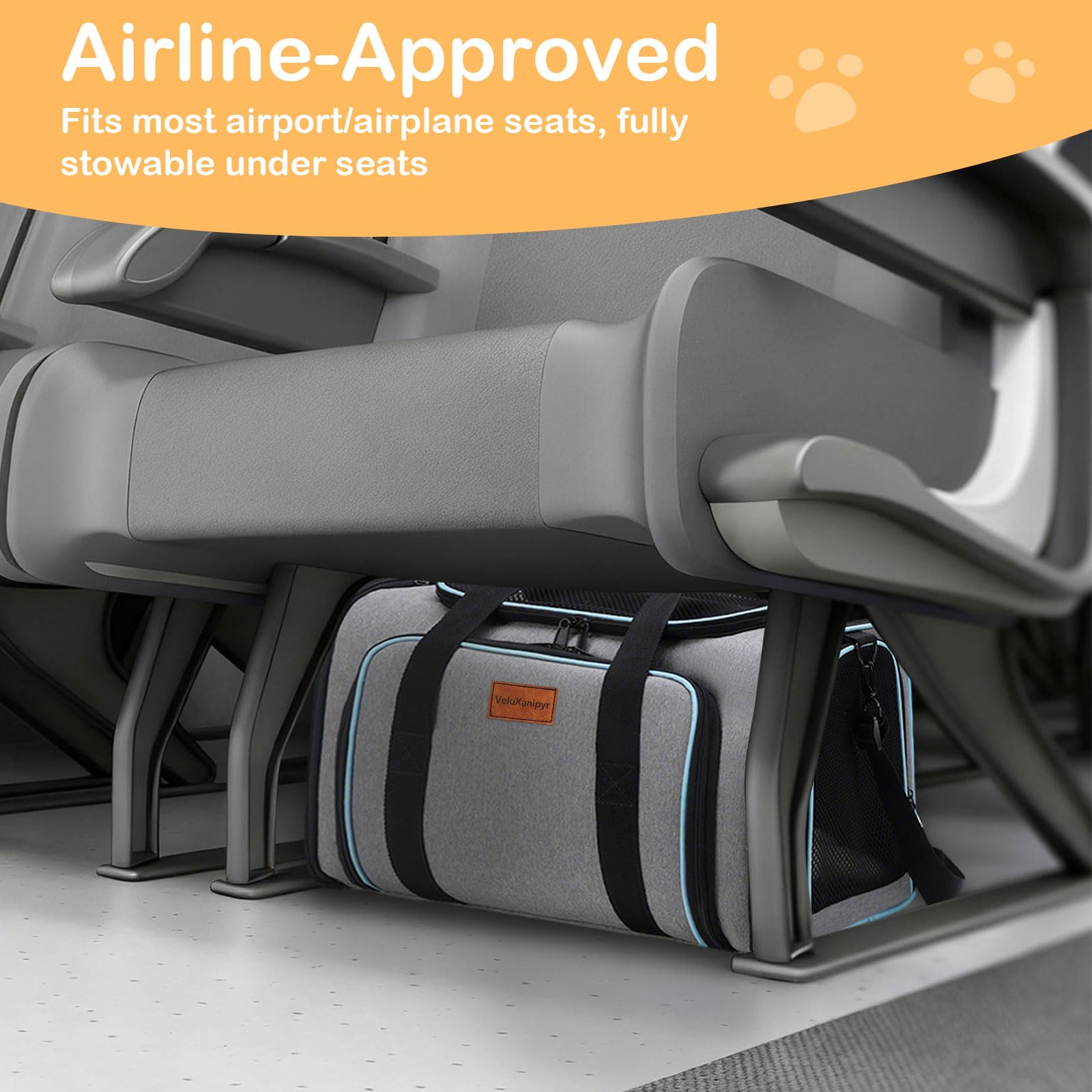 VeluXanipyr Expandable Pet Carrier,Airline Approved Soft-Sided Cat Dog Travel Bag with Hard Shell Base, Blue Trim, Removable Fleece Pad for Small Pets (Gray) - image 6