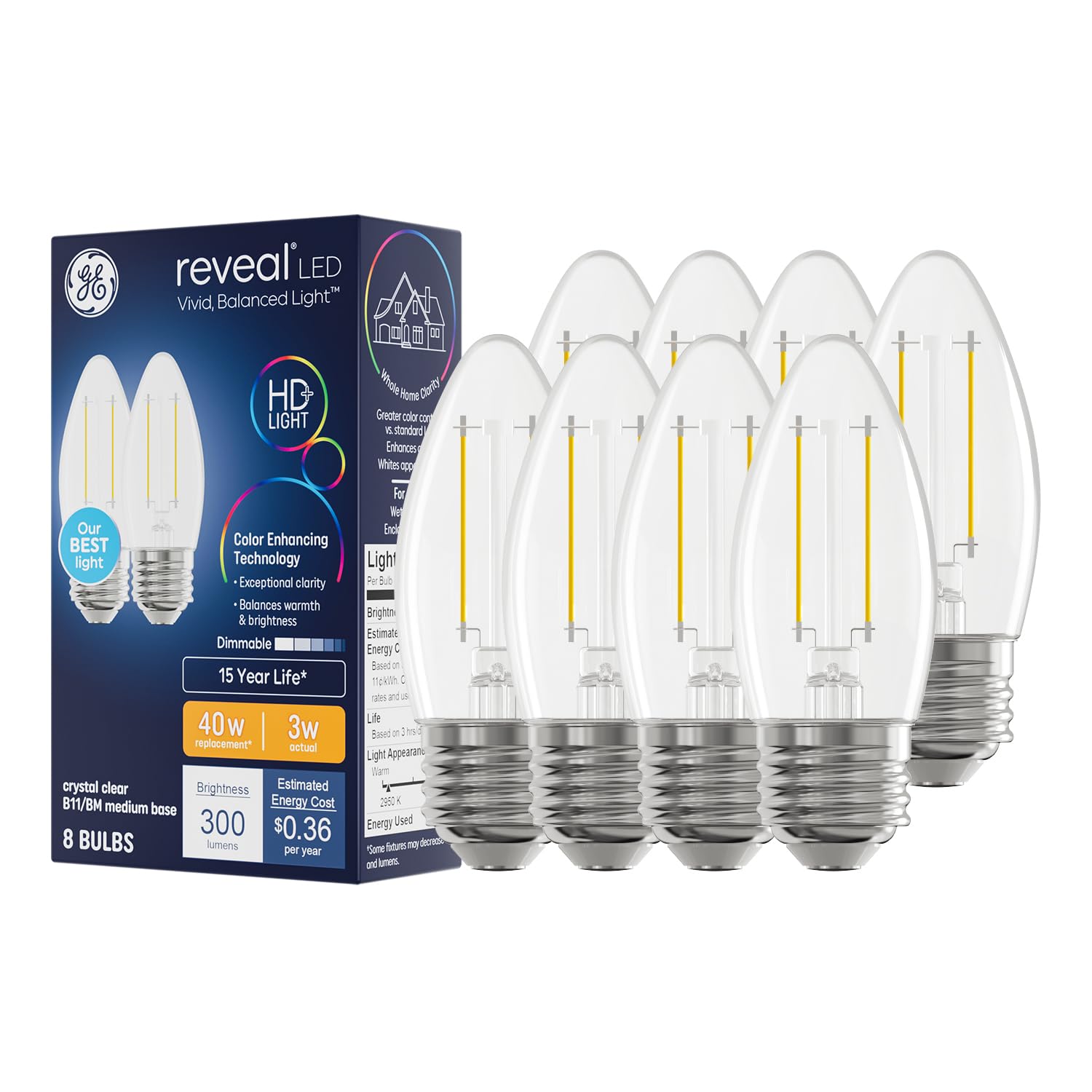 GE Reveal HD+ LED B11 Candelabra Bulbs, 40W Replace, 8 Pack
