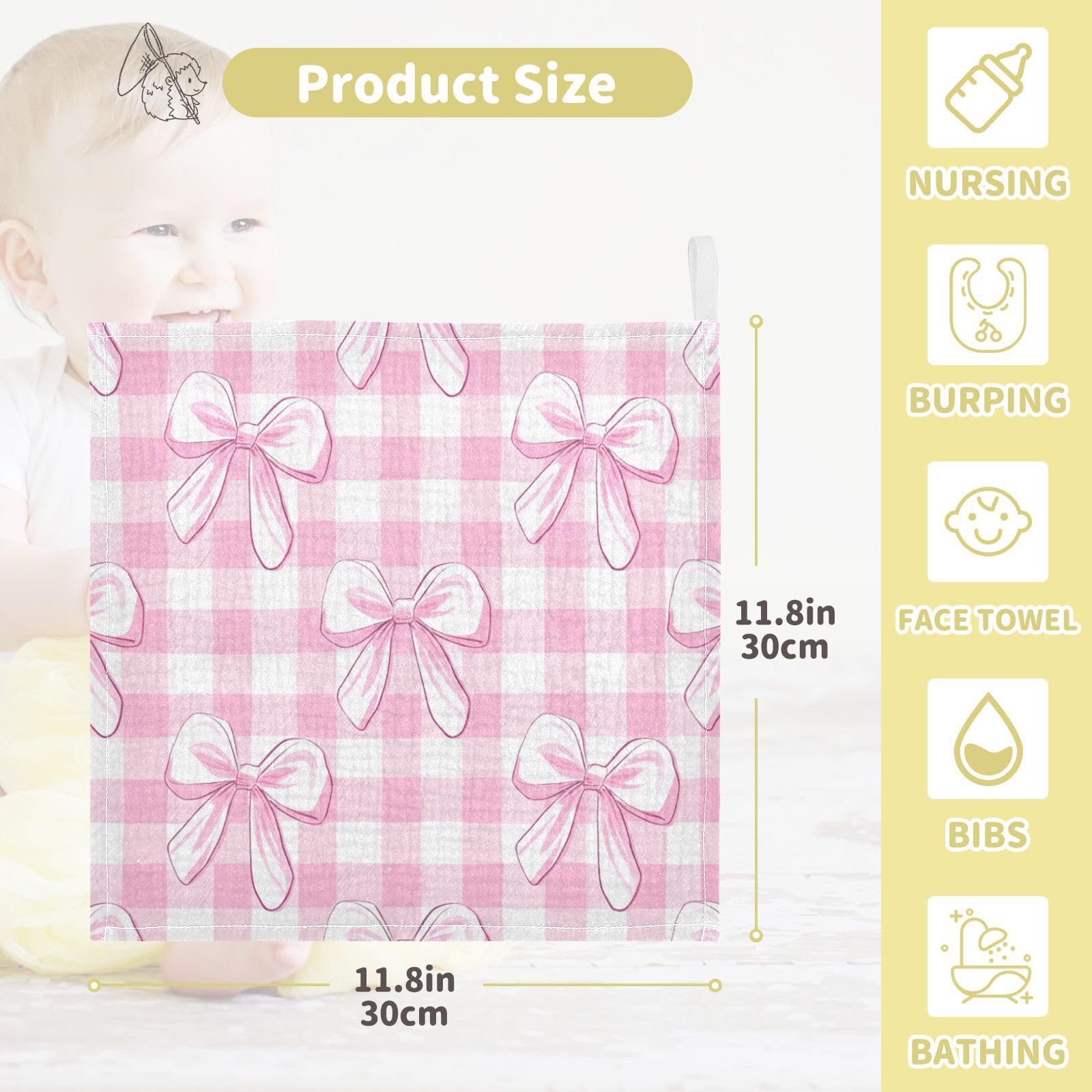Kigai Cute Pink Bows Baby Washcloths,3pcs Ultra Soft Absorbent Towel,Newborn Bath Face Towel, Natural Reusable Baby Wipes for Sensitive Skin, Baby Registry as Shower