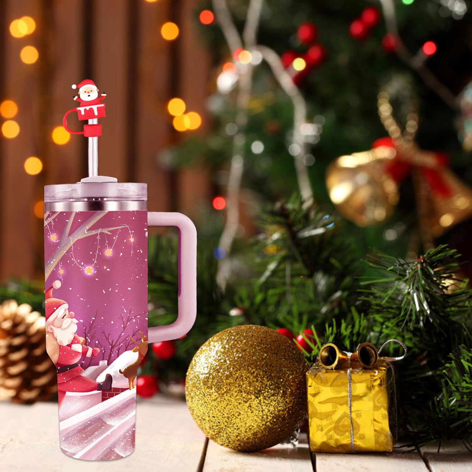 6 Bouchons De Paille Noël En Silicone - Compatibles Tasses Stanley 30/40oz - Décorations Mignonnes Thème Noël