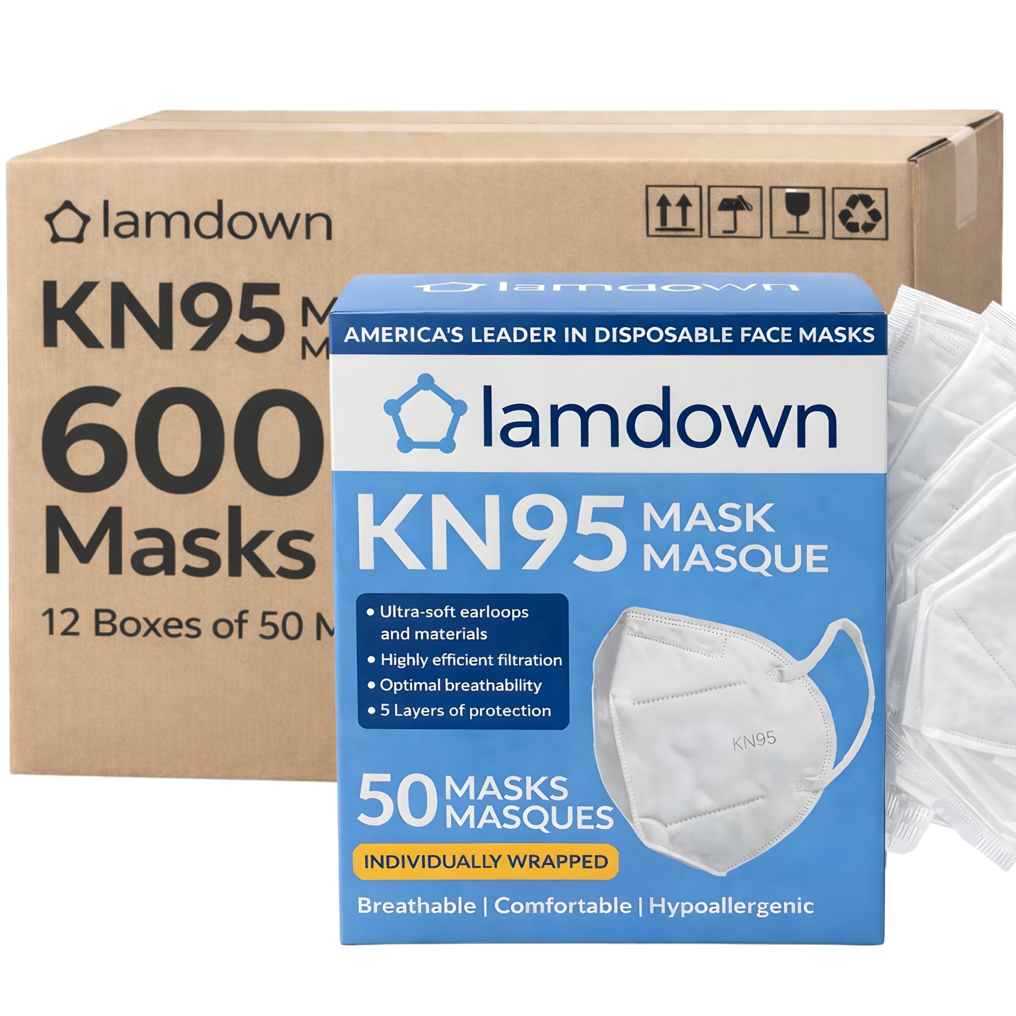 - (600-Pack) KN95 Face Masks, Individually Wrapped, Premium Disposable Dust Mask, White