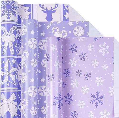 LeZakaa Mini rollo de papel de regalo de Navidad, diseño de campana y árbolbastones de caramelocopos de nieve, color morado claro, para envolver