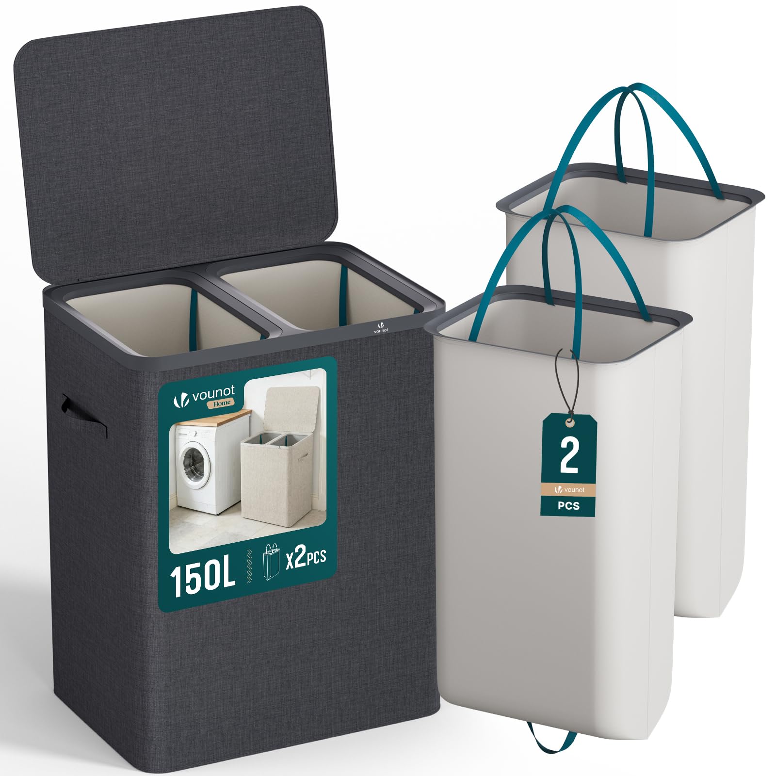VOUNOT® Cesto Ropa Sucia con Tapa 150L Cesta para la Colada 2 Compartimentos Cubo Ropa Sucia Plegable con Bolsas Interiores Extraíbles y Asas Laundry Basket para Lavandería Dormitorio Baño Antracita