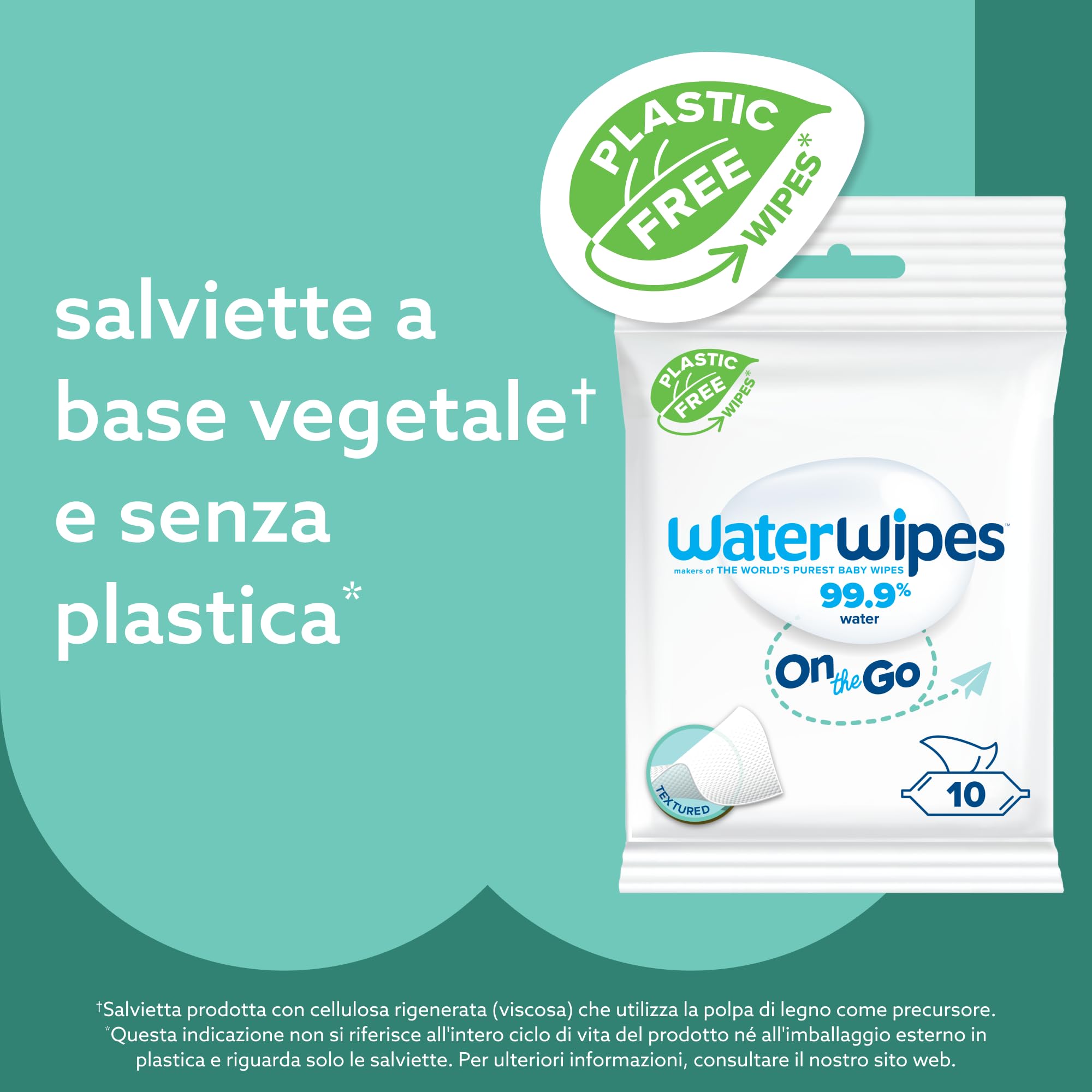 WaterWipes On The Go, 100 Salviette (10 Confezioni), Salviette Umidificate al 99.9% a base di Acqua, Ideali per Viaggi, Progettate per Viso e Corpo