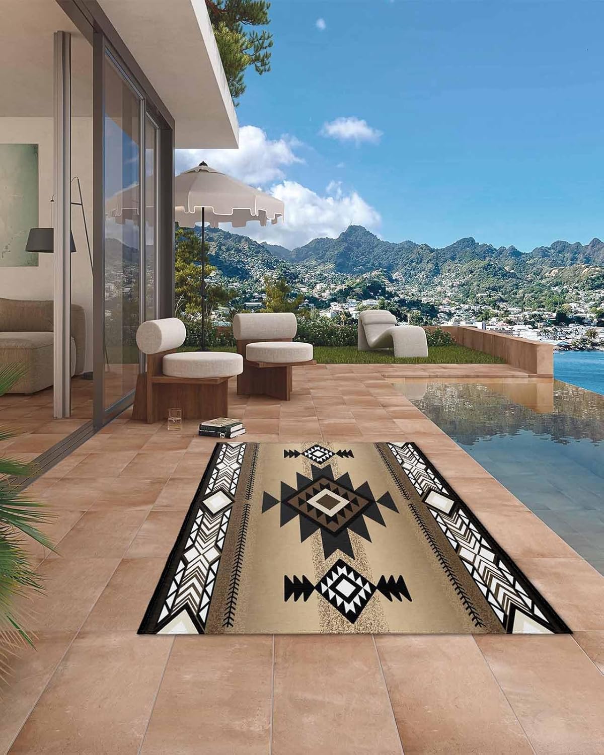 Outdoor Rug 4x6 Brown Tribal Style Large Area Rug Patio Rugs Southwest Native American Non-Slip Outside Carpet Camping RV/Deck/Porch Mats