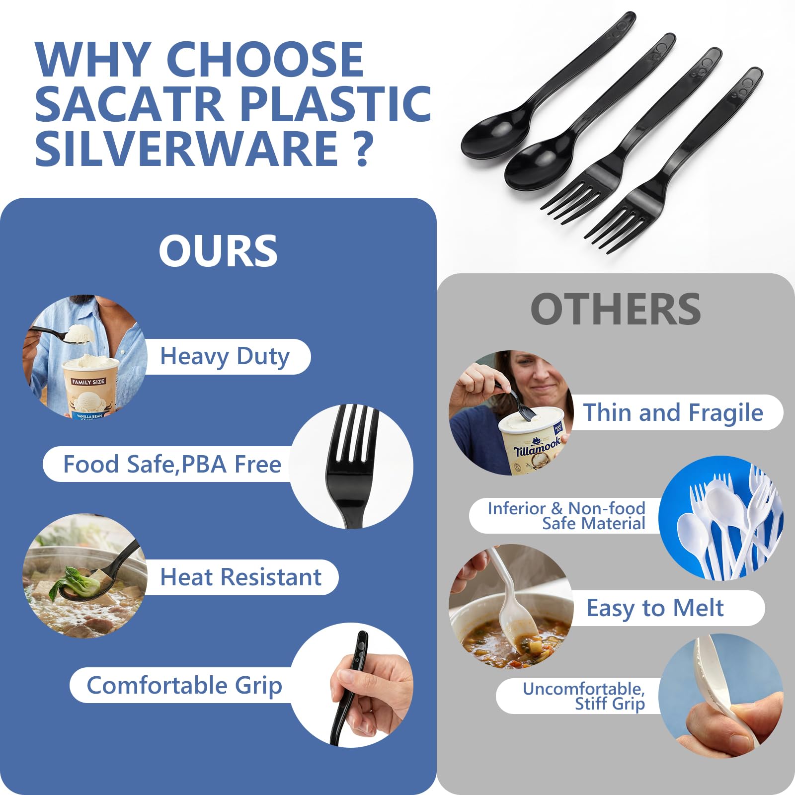 SACATR 1000 Count Black Plastic Silverware Heavy Duty -Forks, Spoons — Amazon image 3
