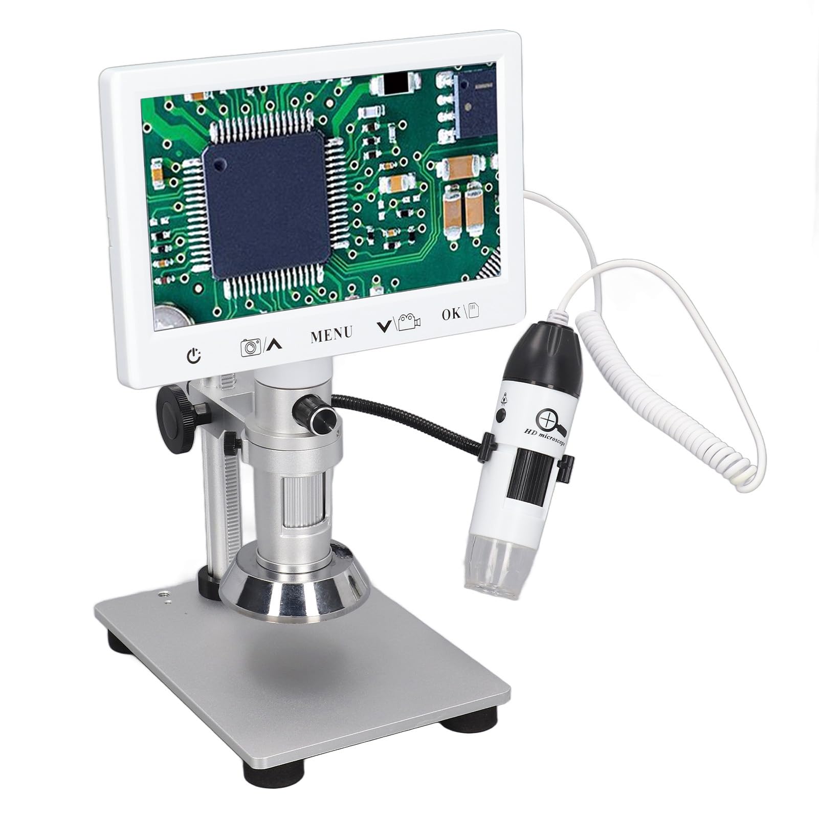 Hyuduo Microscopio Digital, Microscopio Industrial de Acero Inoxidable ABS, Pantalla IPS de 2 MP y 7 Pulgadas, Zoom de 5X a 53X, Medición de Foto y Video para Soldar Reparación de Joyas con Monedas