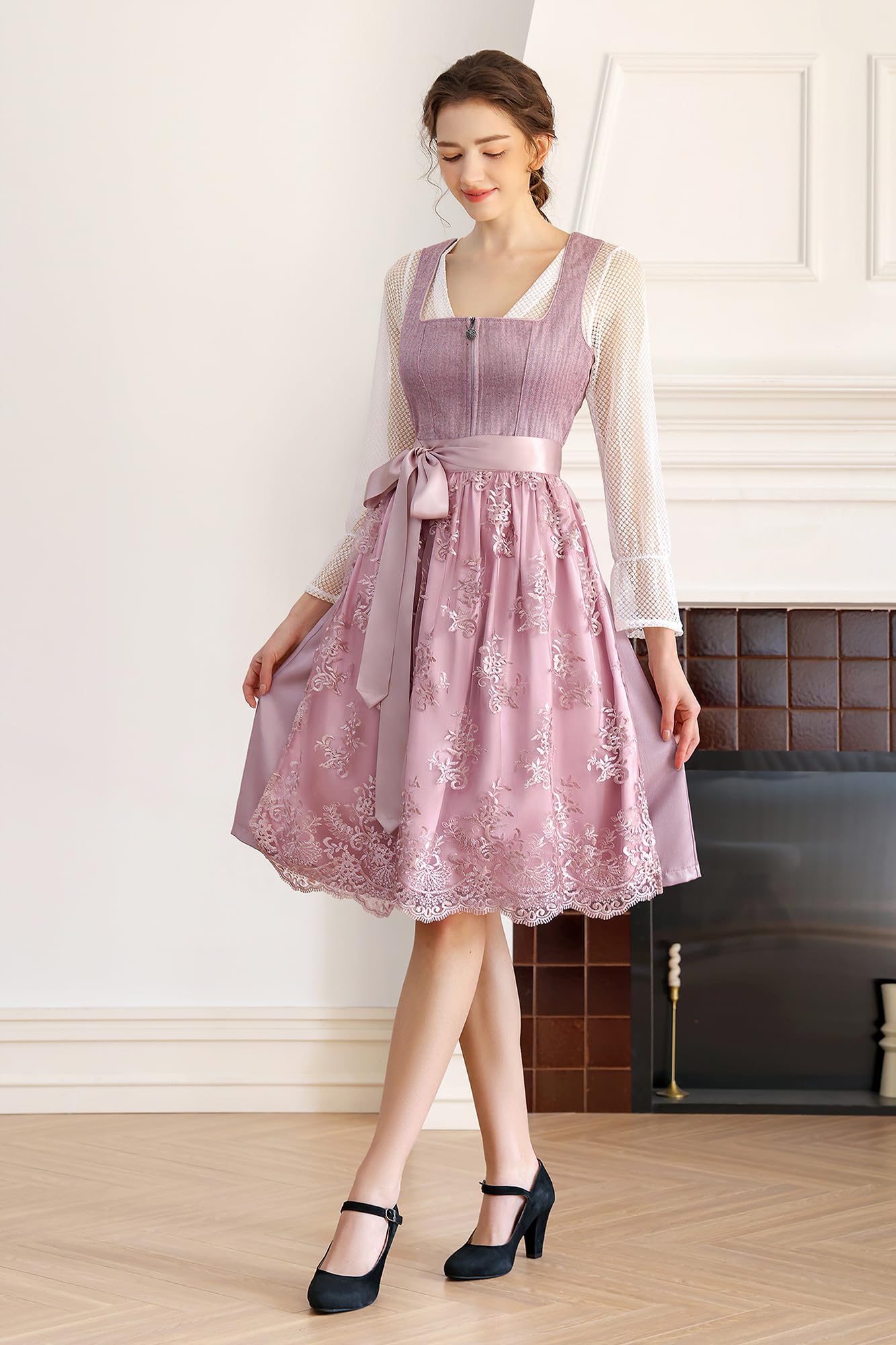 EIISSION Dirndl Damen Trachtenkleid Dirndlkleid midi Tracht Damen Lang Rosa 3 Teilig mit Trachtenrock Langärmel Dirndlbluse Schürze Trachtenmode Trachten Kleid für Oktoberfest