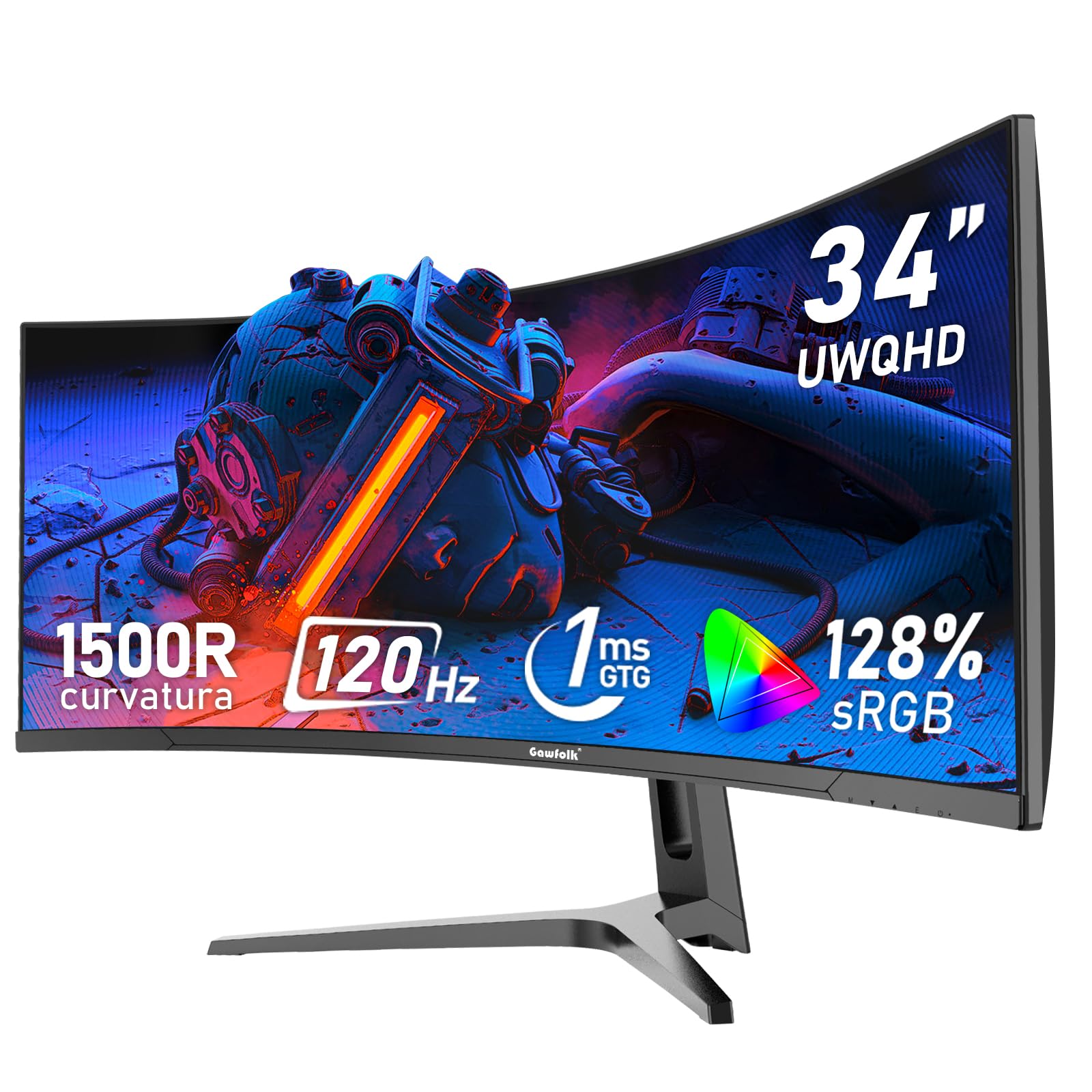 Gawfolk 34 Inch Gaming Monitor UWQHD 120Hz 21:9 Ultrawide Computer Monitor Curved 1500R 3440x1440 Display Screen 128% sRGB FreeSync 360cd/m² Suitable for entertainment, office and design