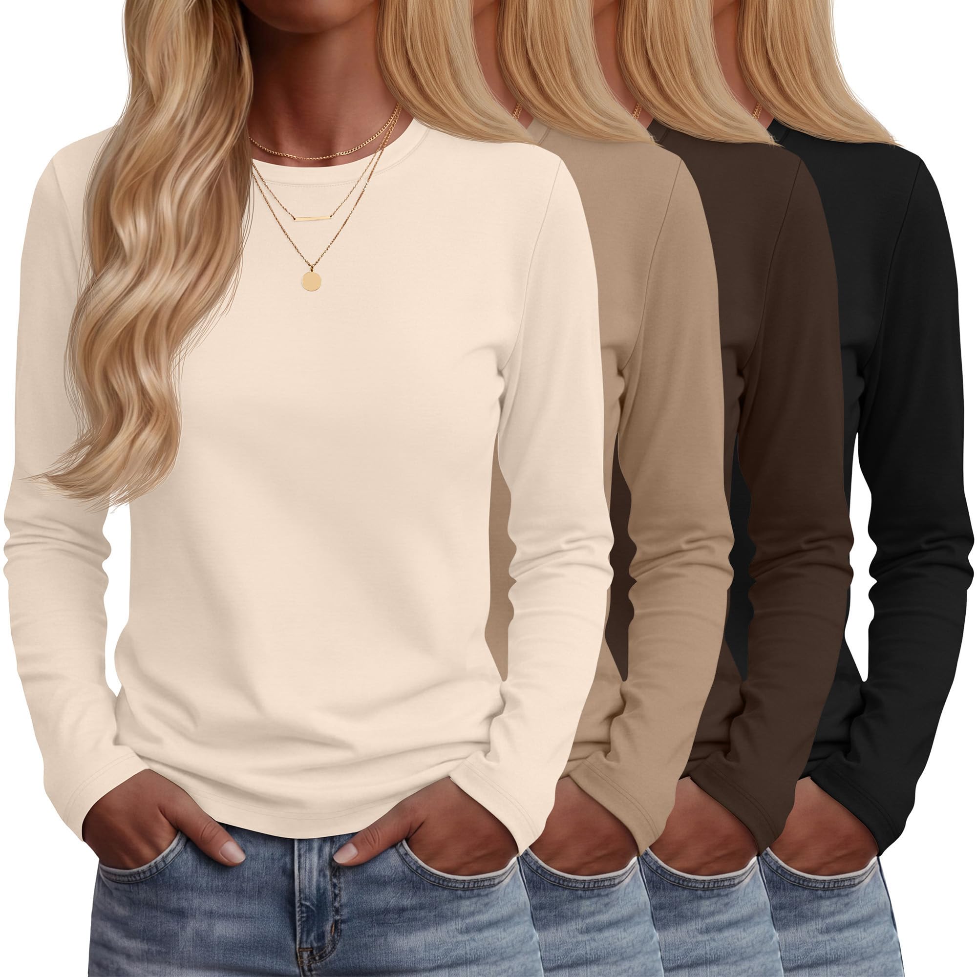 Neer 4 Pack Women's Long Sleeve Shirts | Crew Neck T-Shirts, Soft Layering Tops, Fall Fashion Clothes, Lightweight Basic Tees, Casual Winter Outfits, Plain, Workout