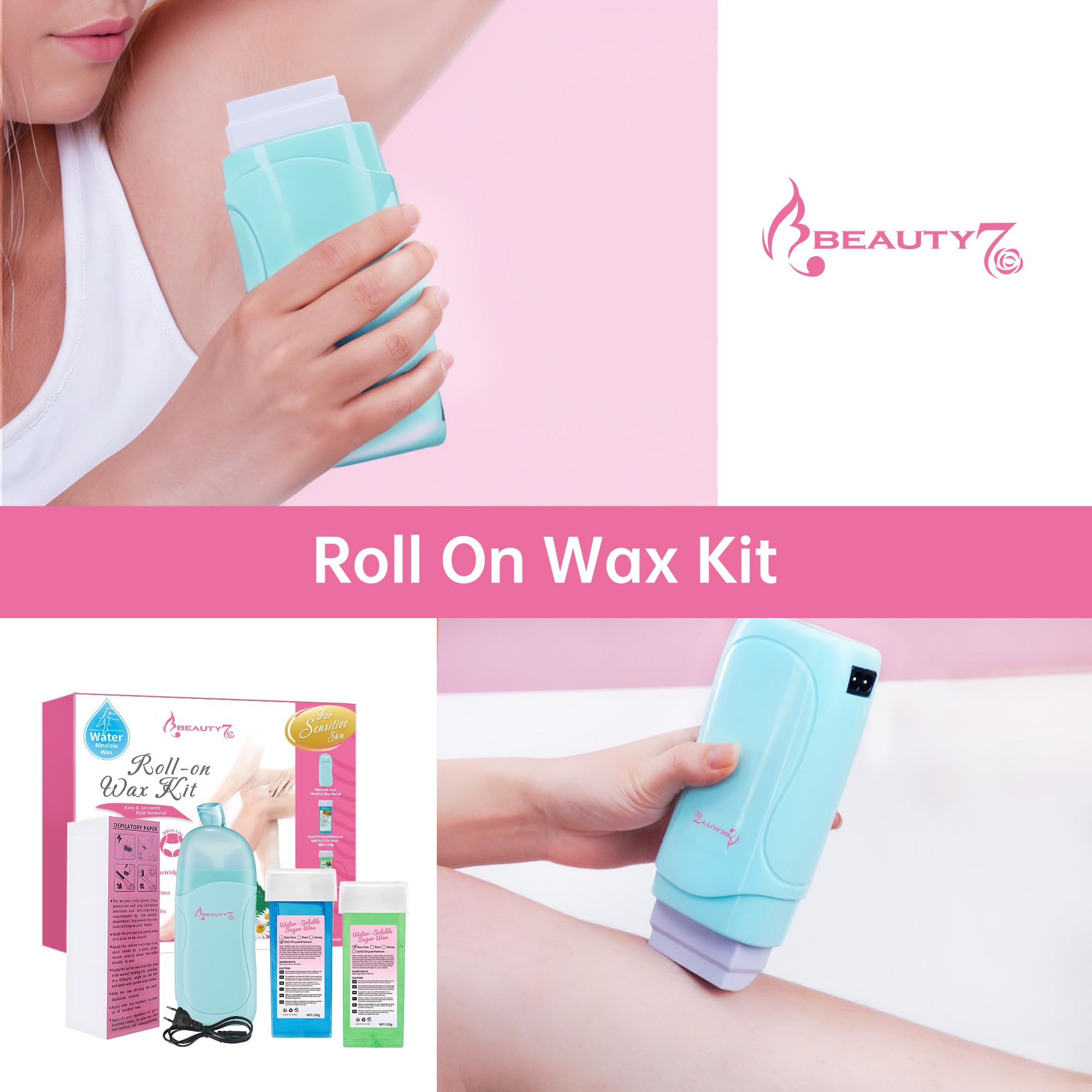 Beauty7 Elektrisches Warmwachsgerät Wachspatronen Set, 2 x Roll-on Wax Wachspatronen, Roll On Wax Roller, für die Haarentfernung im Achsel, Intim, Bein und Brustbereich mit 100 Vlies-Wachspapier