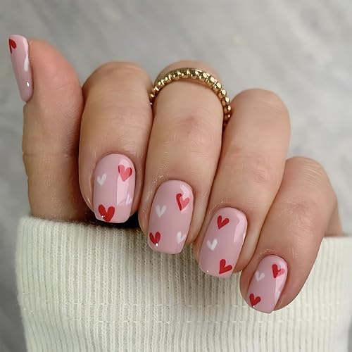 Mkwntg Uñas postizas para el día de San Valentín, uñas postizas de color rosa, uñas postizas cortas cuadradas con ataúd, uñas postizas de cobertura